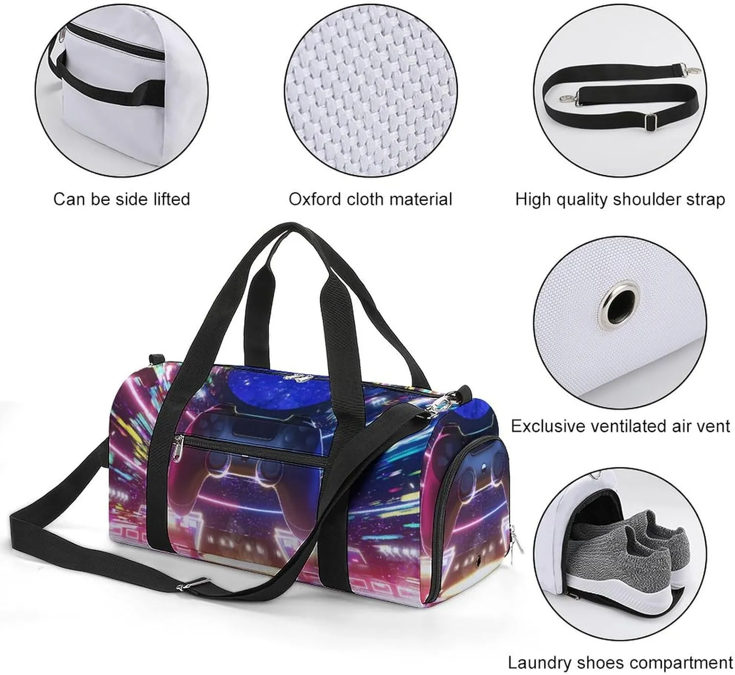 Sport Gym Duffel with Shoe Compartment Wet Pocket, Game-joypad-colorful-lights Shoulder Travel Bag for Women Men, style-1