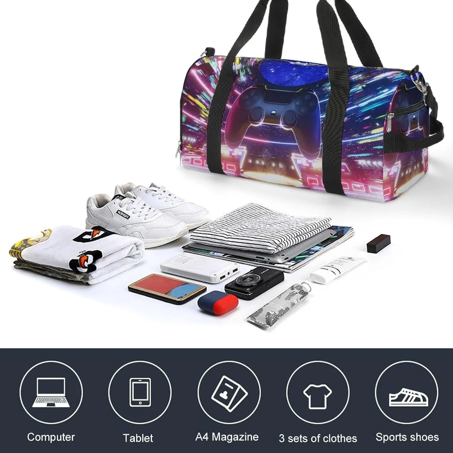 Sport Gym Duffel with Shoe Compartment Wet Pocket, Game-joypad-colorful-lights Shoulder Travel Bag for Women Men, style-1