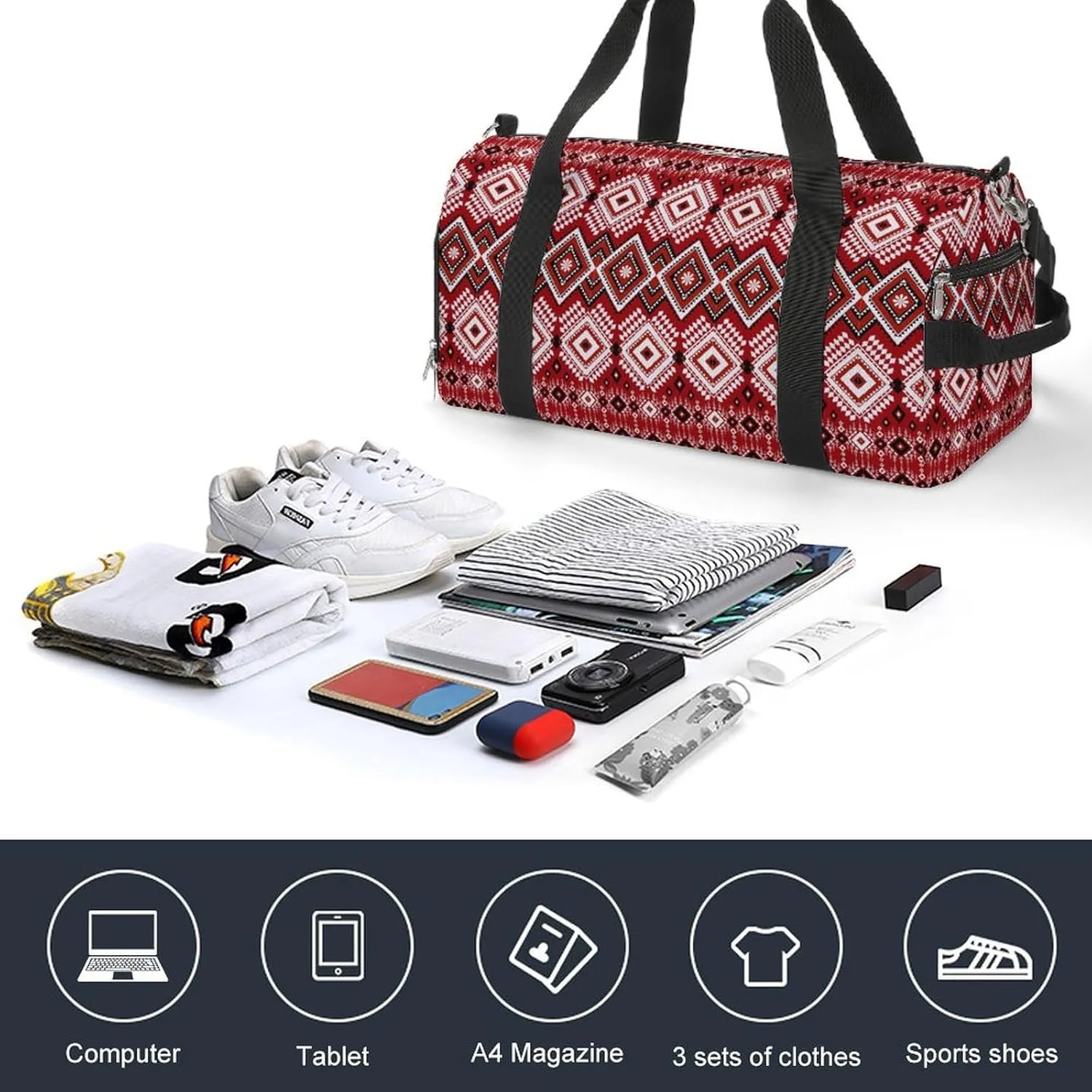 Sport Gym Duffel with Shoe Compartment Wet Pocket, Geometric-ethnic-asian-oriental Shoulder Travel Bag for Women Men