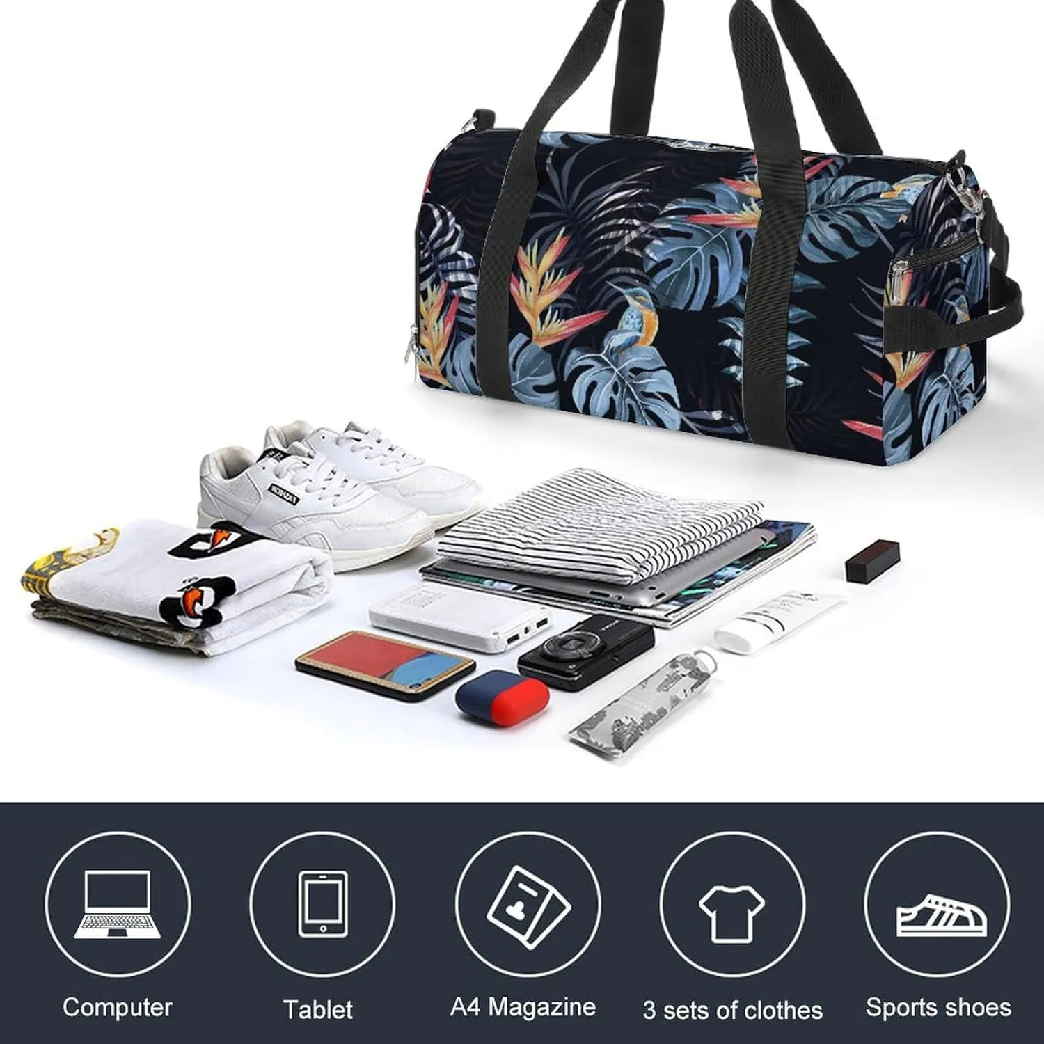 Sport Gym Duffel with Shoe Compartment Wet Pocket, Heliconia-bird-tropical-print Shoulder Travel Bag for Women Men