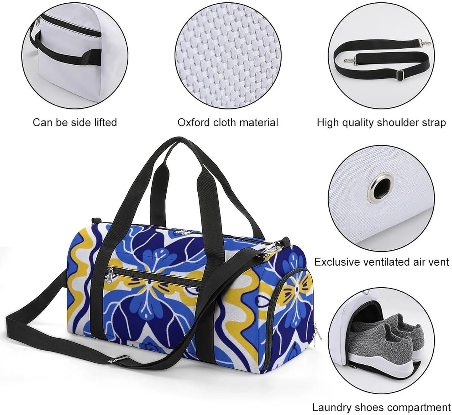 Sport Gym Duffel with Shoe Compartment Wet Pocket, Majolica-patterns3 Shoulder Travel Bag for Women Men