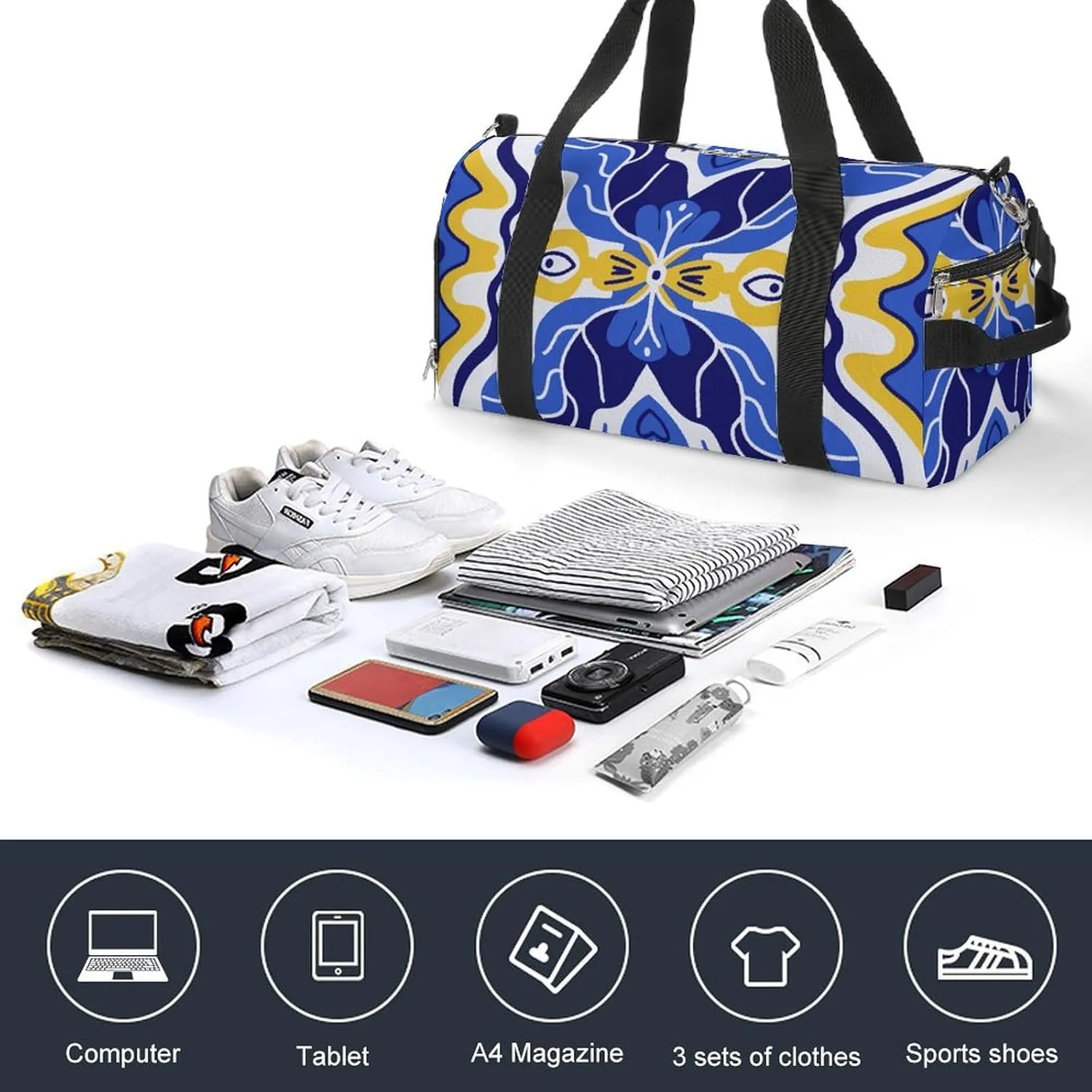 Sport Gym Duffel with Shoe Compartment Wet Pocket, Majolica-patterns3 Shoulder Travel Bag for Women Men