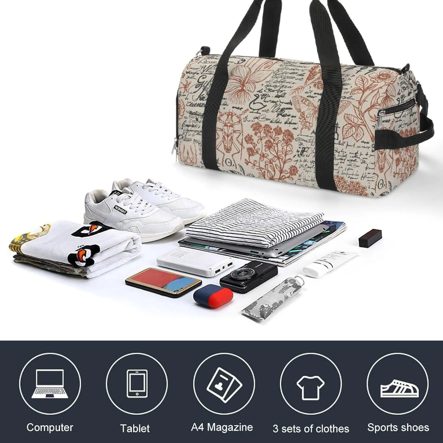 Sport Gym Duffel with Shoe Compartment Wet Pocket, Medicinal-herbs-print Shoulder Travel Bag for Women Men, style-4