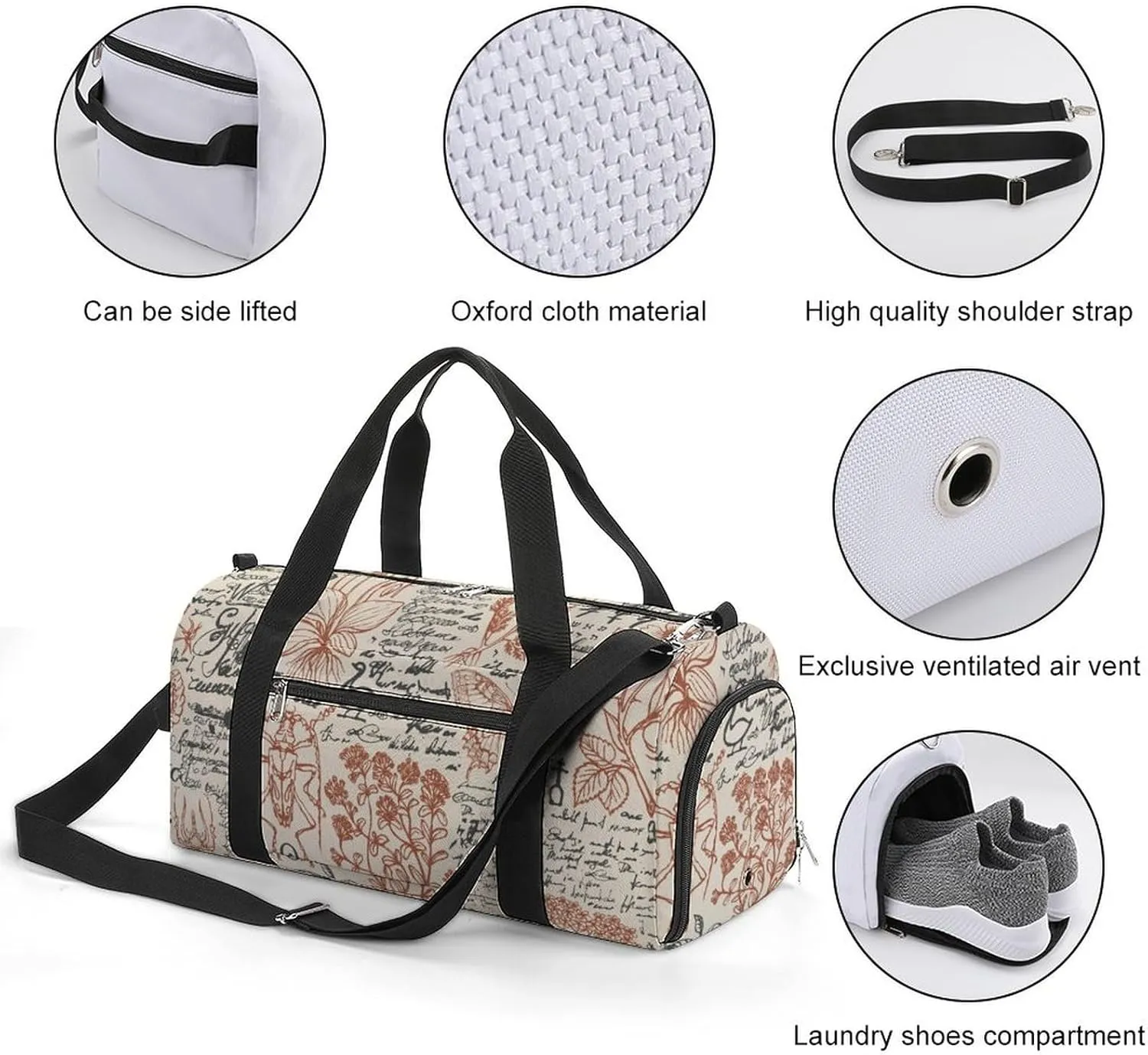 Sport Gym Duffel with Shoe Compartment Wet Pocket, Medicinal-herbs-print Shoulder Travel Bag for Women Men, style-4