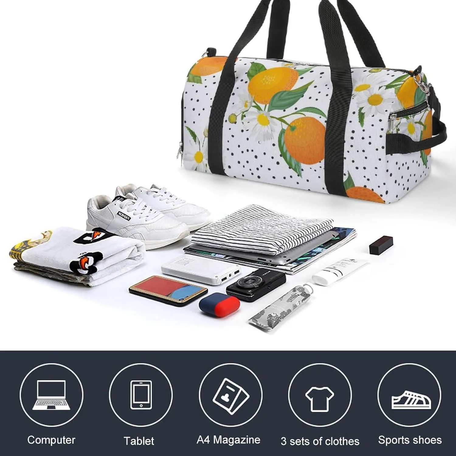 Sport Gym Duffel with Shoe Compartment Wet Pocket, Orange-pattern-with-tropic Shoulder Travel Bag for Women Men
