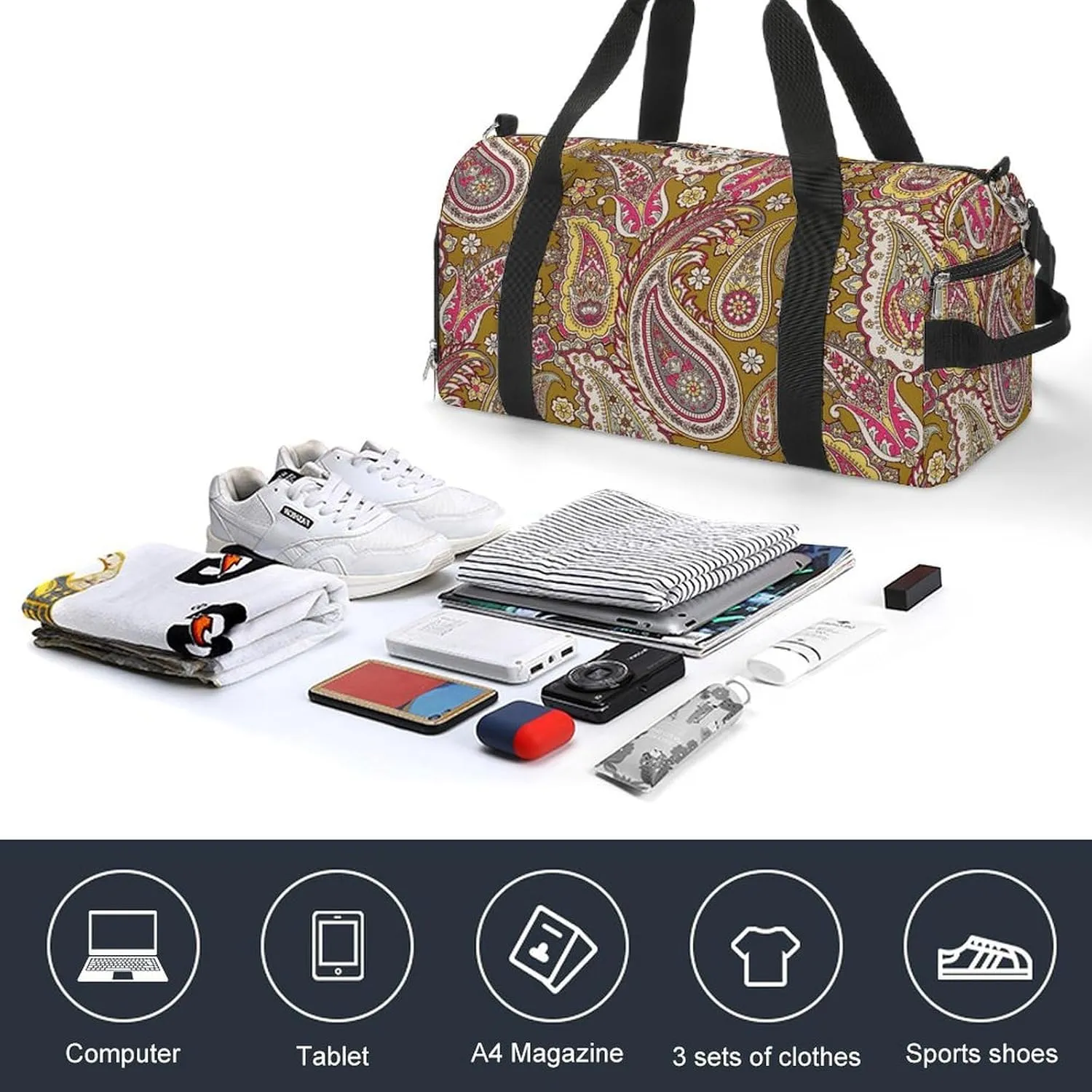 Sport Gym Duffel with Shoe Compartment Wet Pocket, Paisleys-indian-print Shoulder Travel Bag for Women Men, style-4