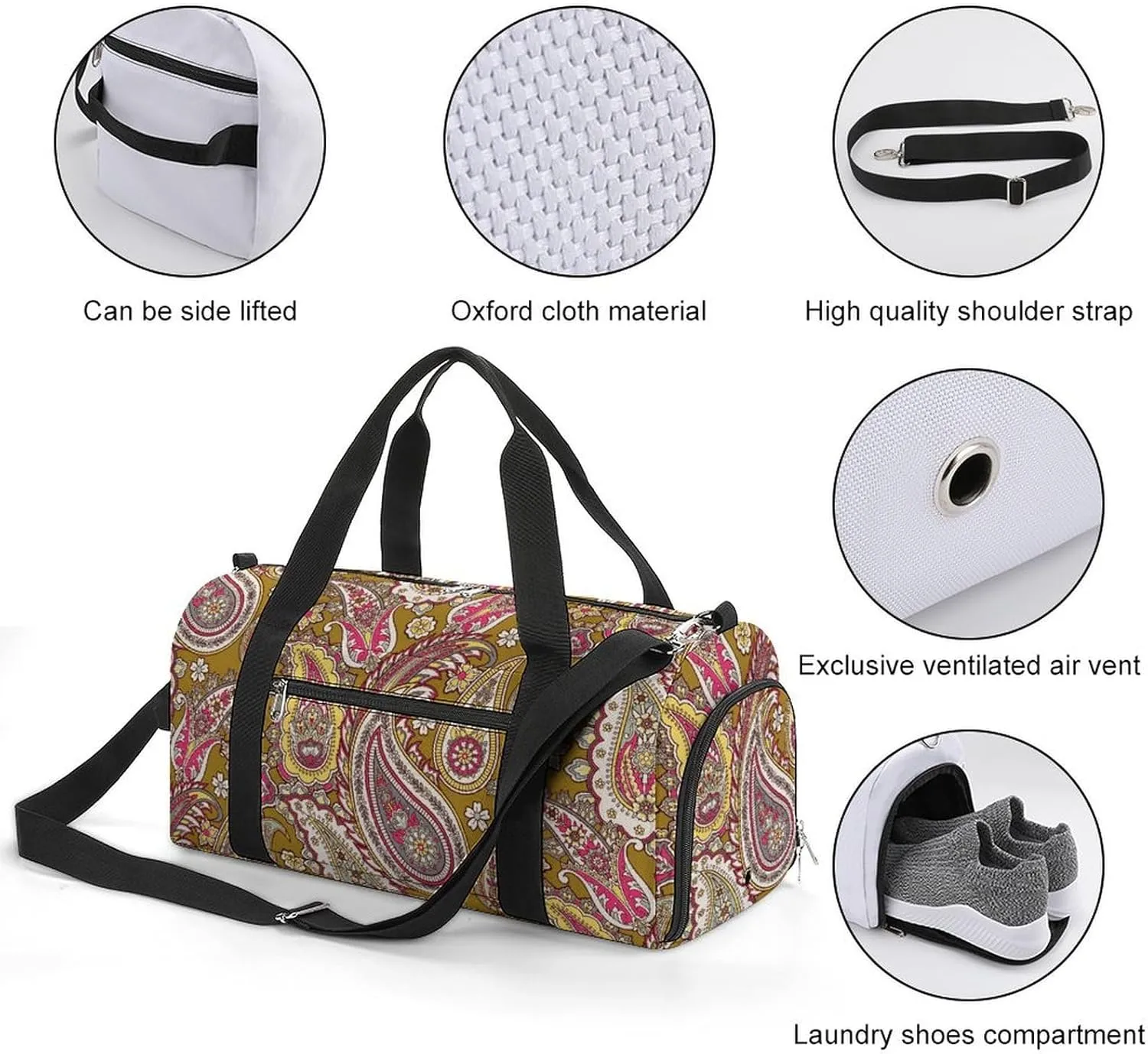 Sport Gym Duffel with Shoe Compartment Wet Pocket, Paisleys-indian-print Shoulder Travel Bag for Women Men, style-4