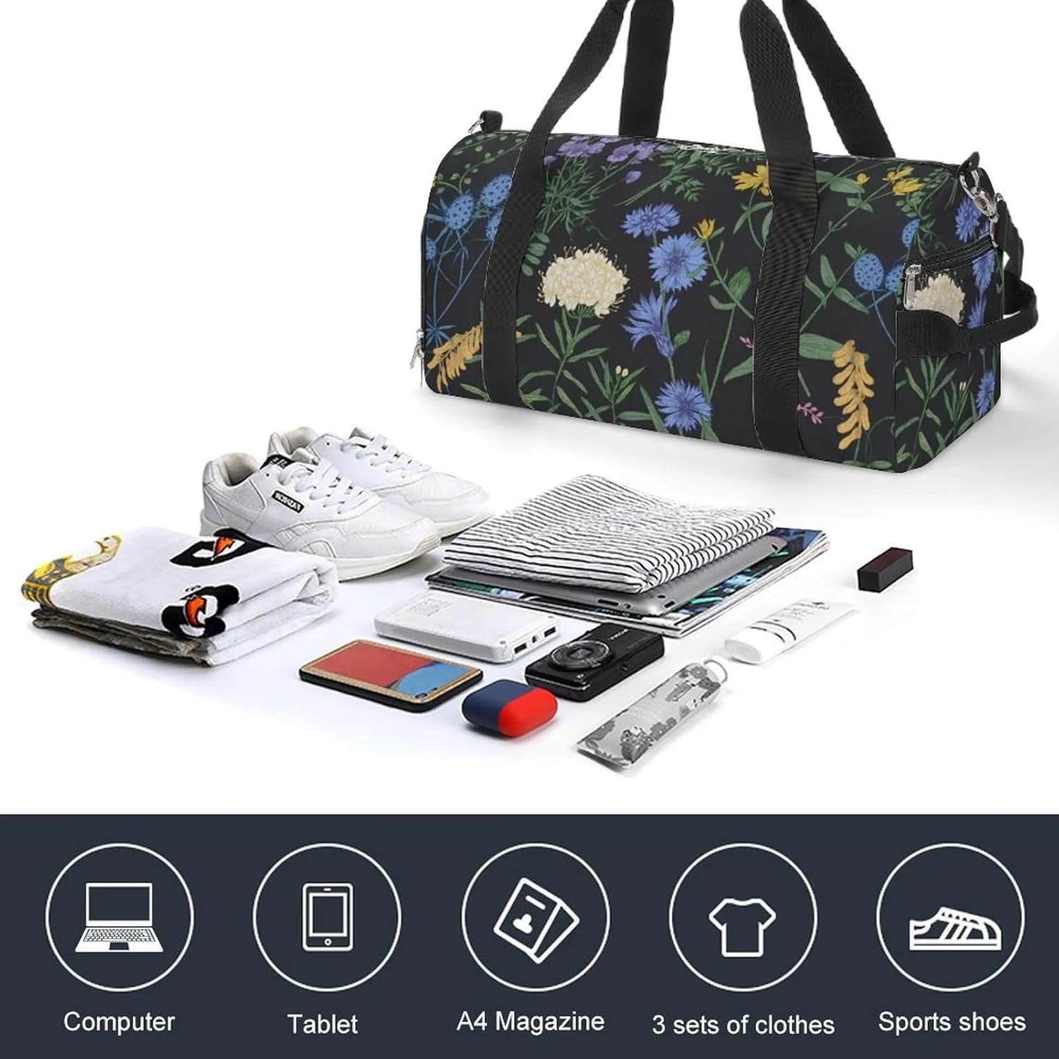 Sport Gym Duffel with Shoe Compartment Wet Pocket, Plants-black-print Shoulder Travel Bag for Women Men, style-3