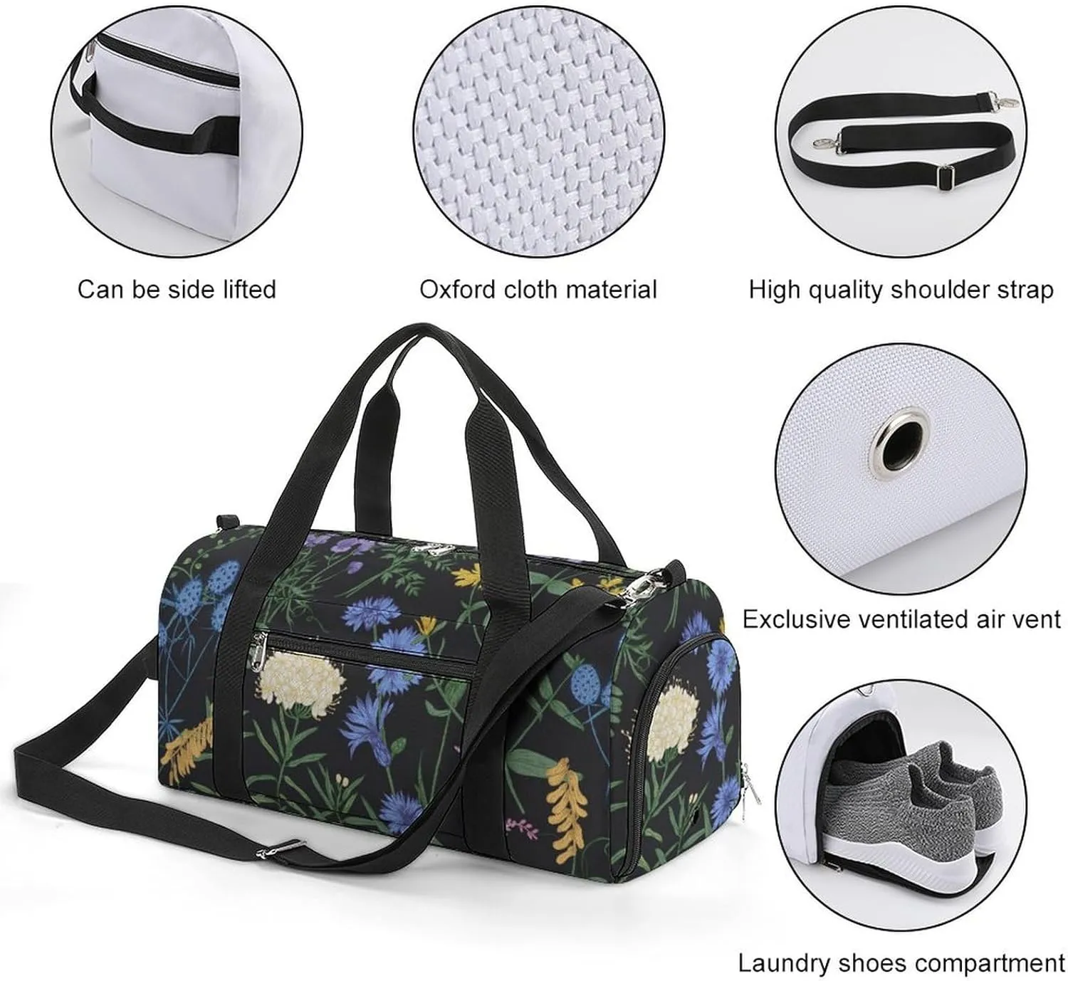 Sport Gym Duffel with Shoe Compartment Wet Pocket, Plants-black-print Shoulder Travel Bag for Women Men, style-3