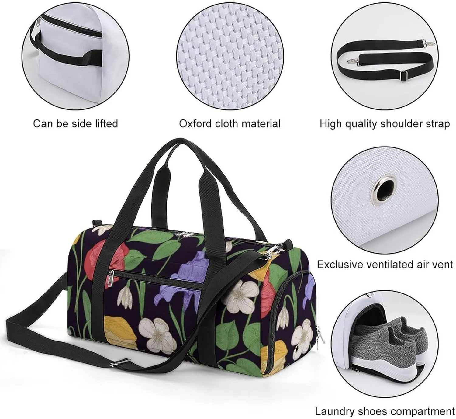 Sport Gym Duffel with Shoe Compartment Wet Pocket, Romantic-flowers-black-print Shoulder Travel Bag for Women Men, style-1