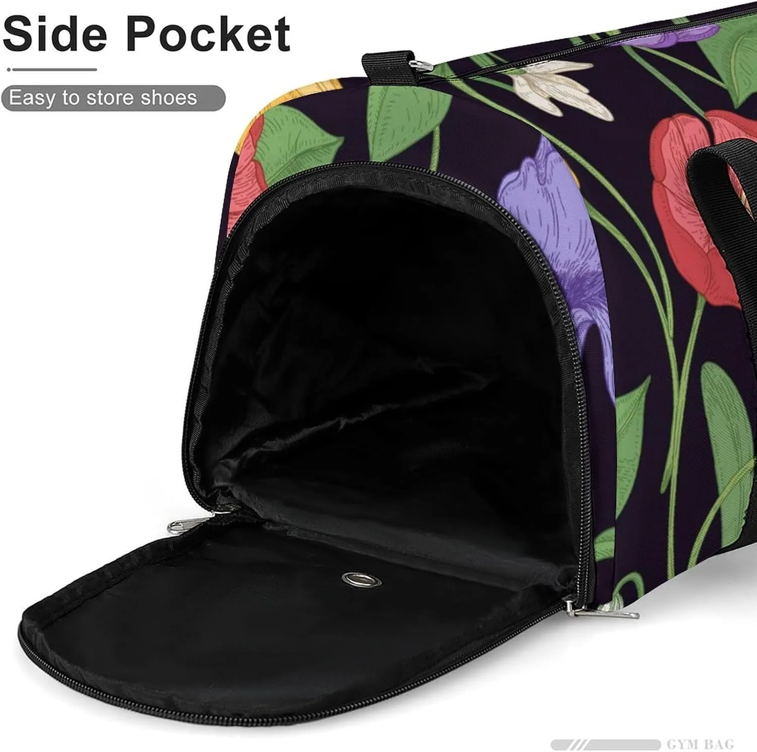 Sport Gym Duffel with Shoe Compartment Wet Pocket, Romantic-flowers-black-print Shoulder Travel Bag for Women Men, style-1