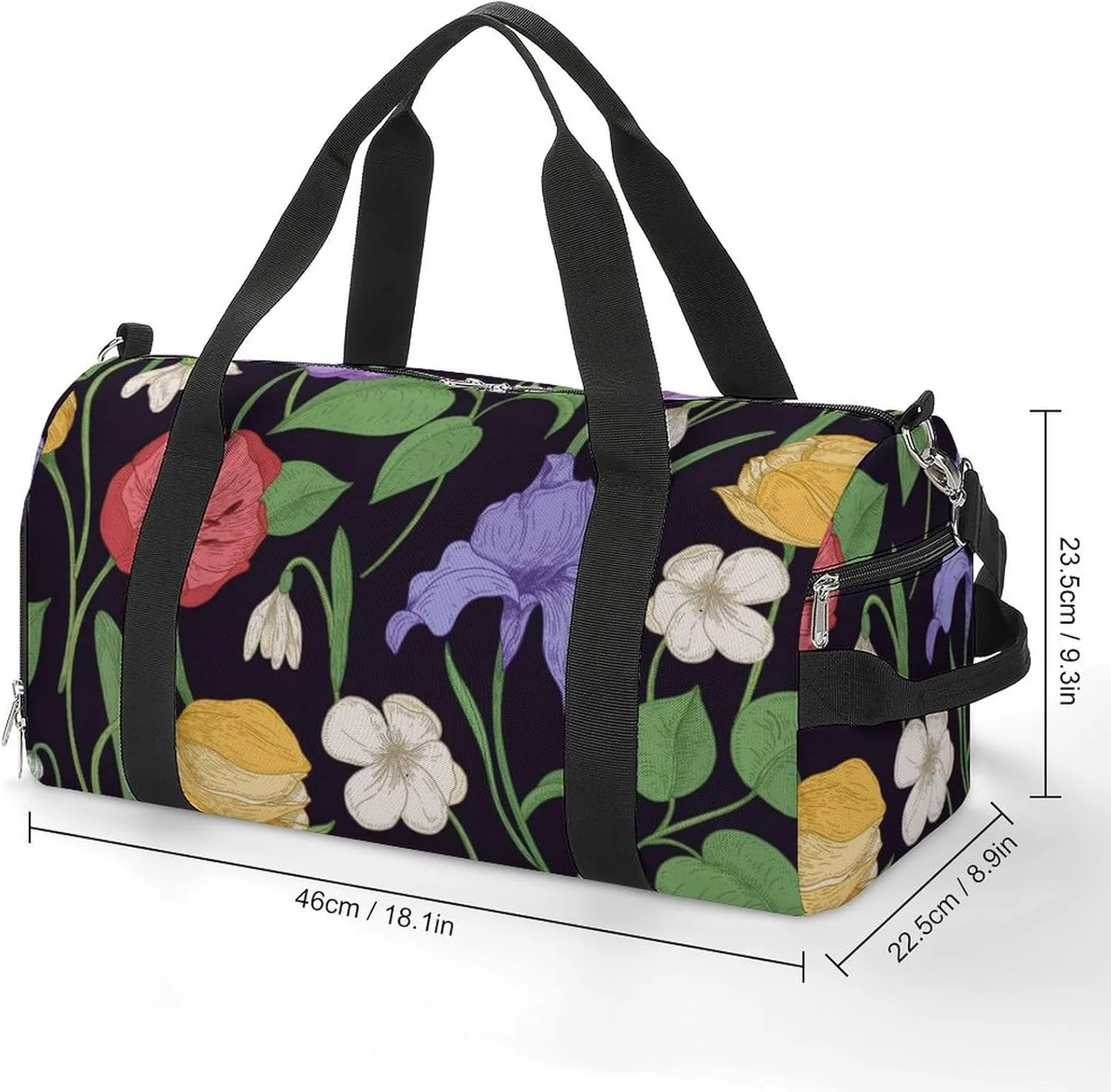 Sport Gym Duffel with Shoe Compartment Wet Pocket, Romantic-flowers-black-print Shoulder Travel Bag for Women Men, style-1