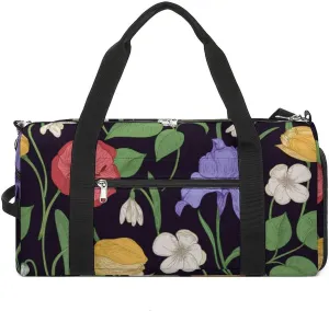 Sport Gym Duffel with Shoe Compartment Wet Pocket, Romantic-flowers-black-print Shoulder Travel Bag for Women Men, style-1