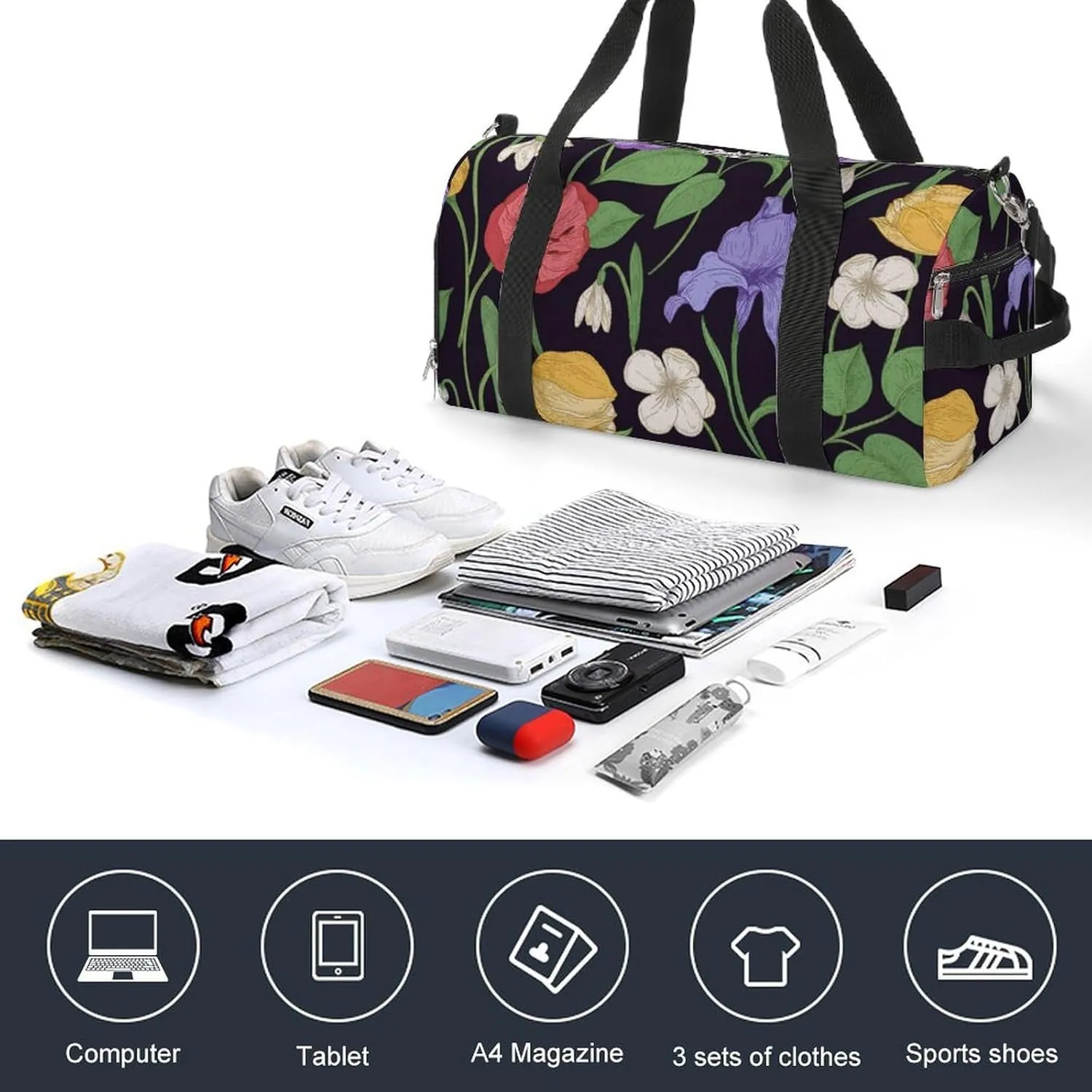 Sport Gym Duffel with Shoe Compartment Wet Pocket, Romantic-flowers-black-print Shoulder Travel Bag for Women Men, style-1