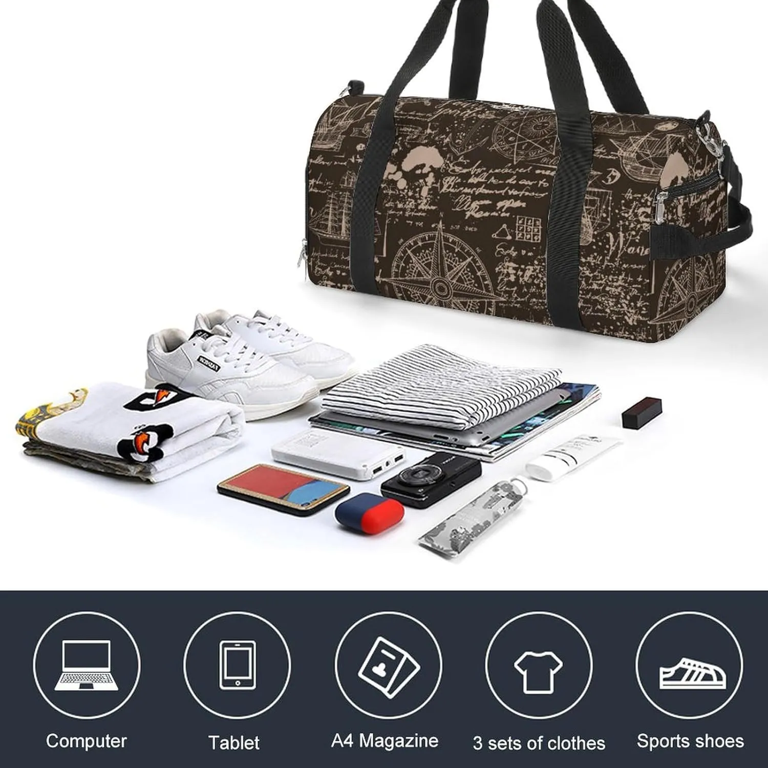 Sport Gym Duffel with Shoe Compartment Wet Pocket, Sea-travel-print Shoulder Travel Bag for Women Men, style-3