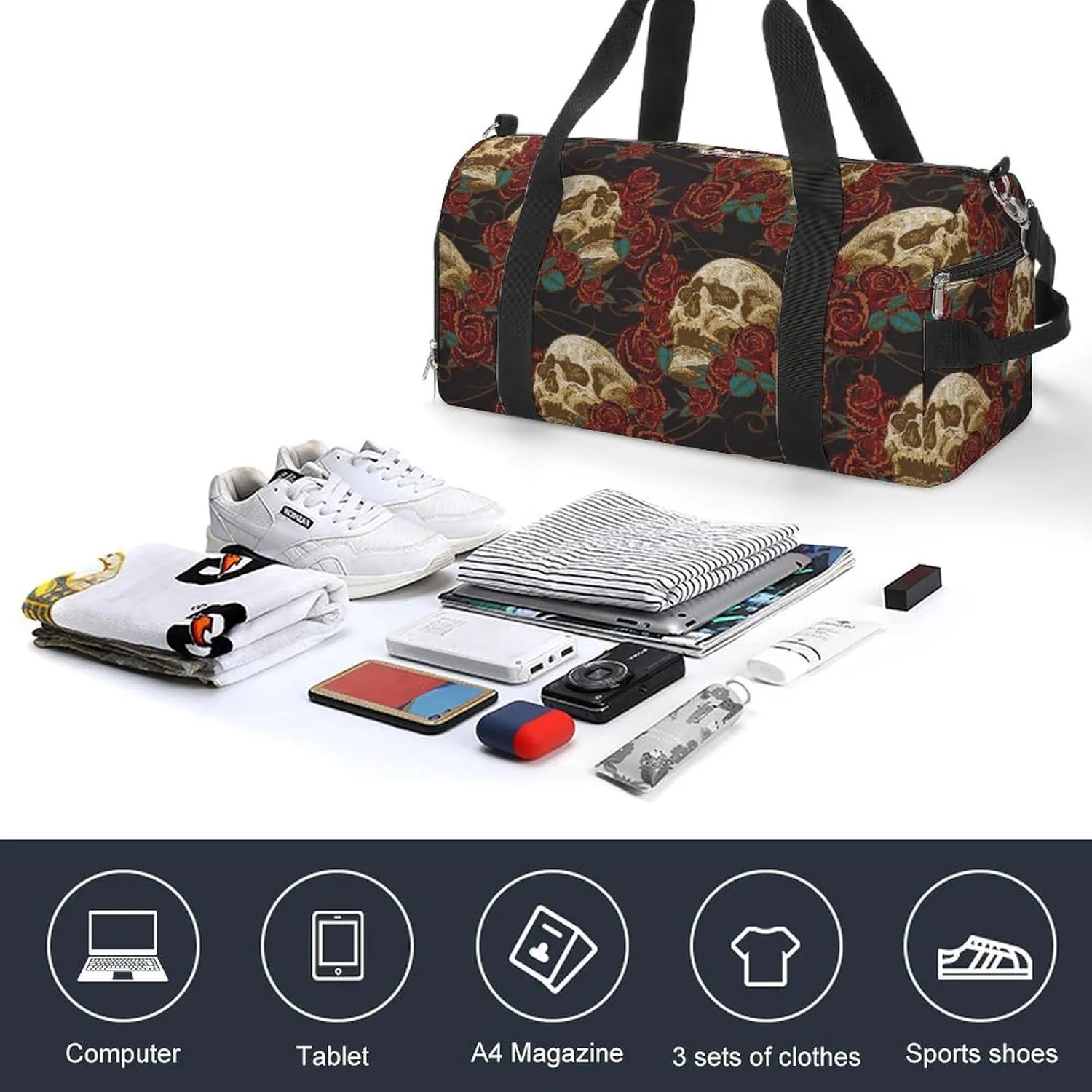 Sport Gym Duffel with Shoe Compartment Wet Pocket, Skull-roses Pattern Shoulder Travel Bag for Women Men