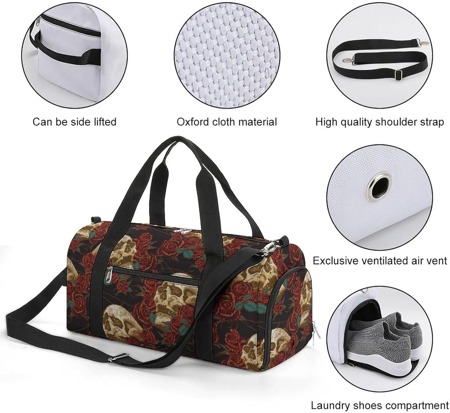 Sport Gym Duffel with Shoe Compartment Wet Pocket, Skull-roses Pattern Shoulder Travel Bag for Women Men