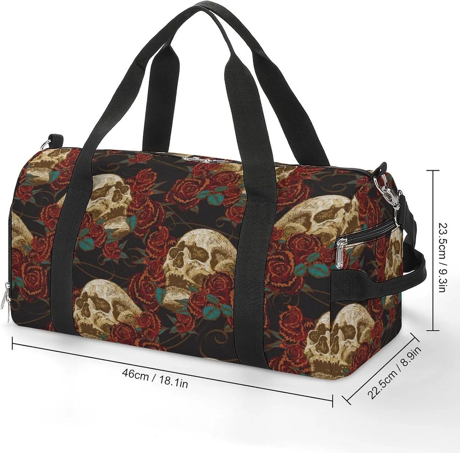 Sport Gym Duffel with Shoe Compartment Wet Pocket, Skull-roses Pattern Shoulder Travel Bag for Women Men