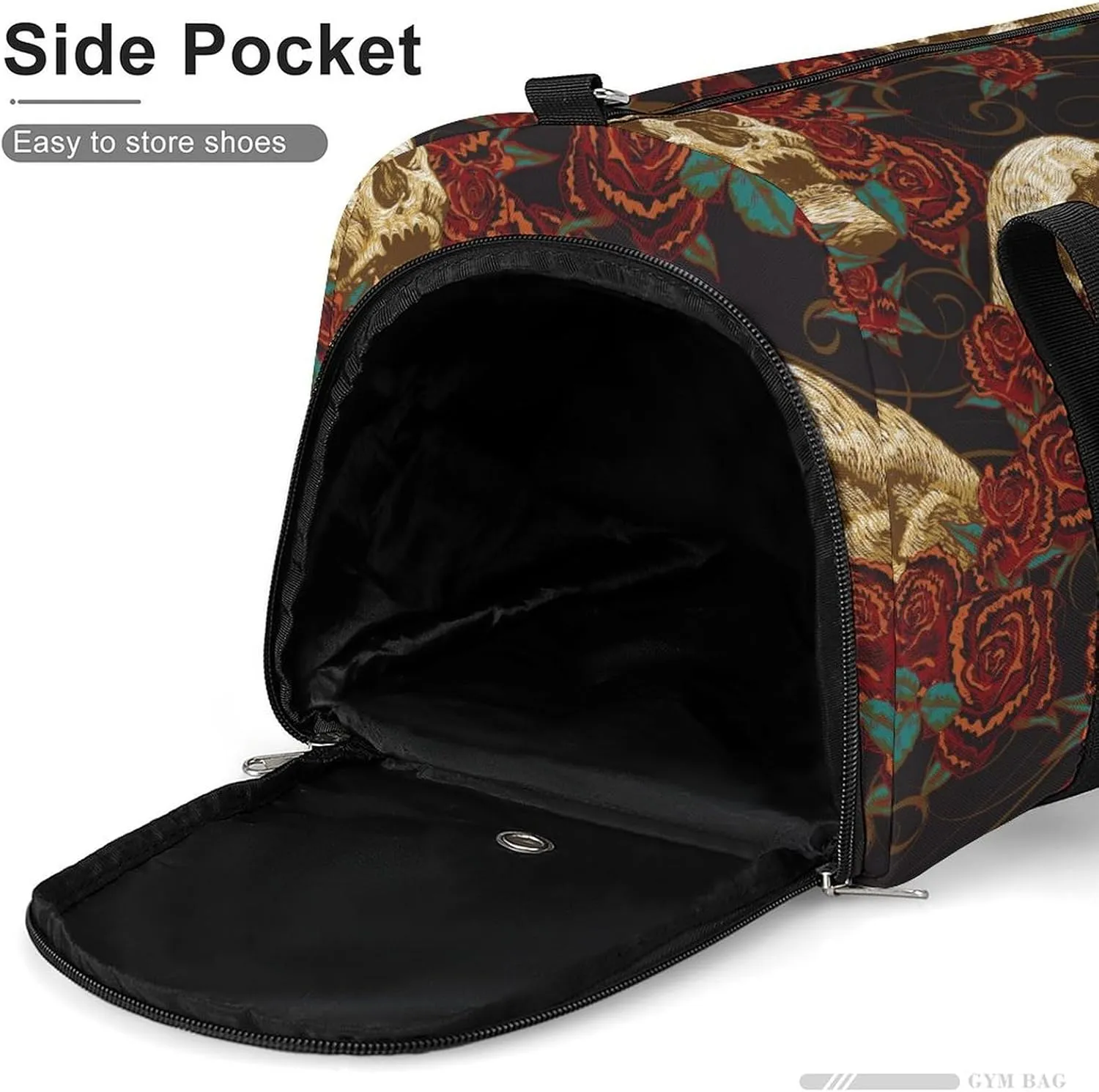 Sport Gym Duffel with Shoe Compartment Wet Pocket, Skull-roses Pattern Shoulder Travel Bag for Women Men