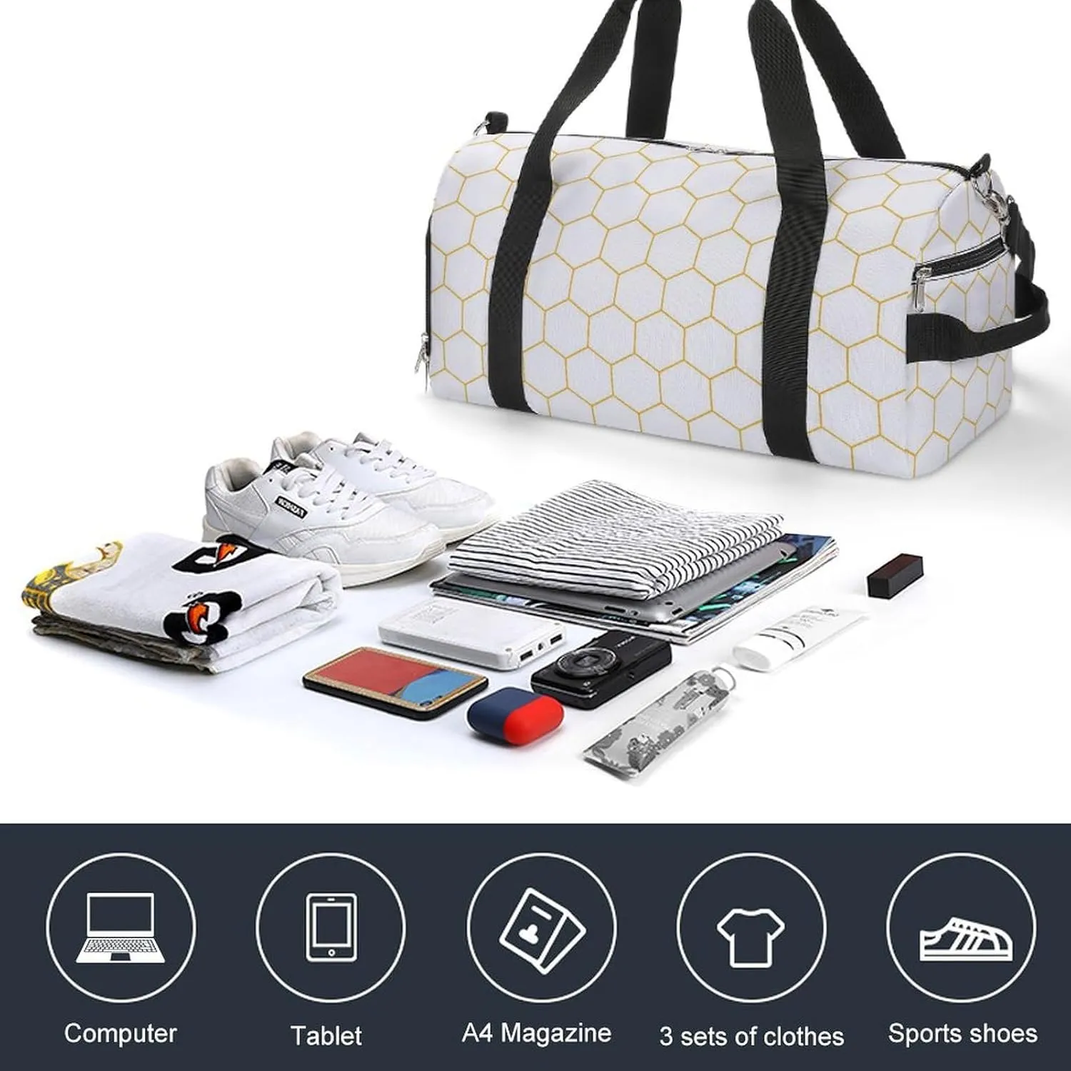 Sport Gym Duffel with Shoe Compartment Wet Pocket, Stylish-hexagonal-design Shoulder Travel Bag for Women Men, style-2