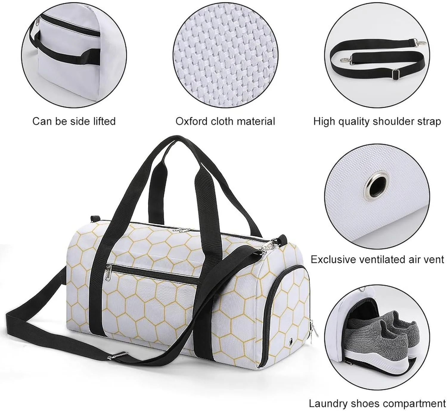 Sport Gym Duffel with Shoe Compartment Wet Pocket, Stylish-hexagonal-design Shoulder Travel Bag for Women Men, style-2
