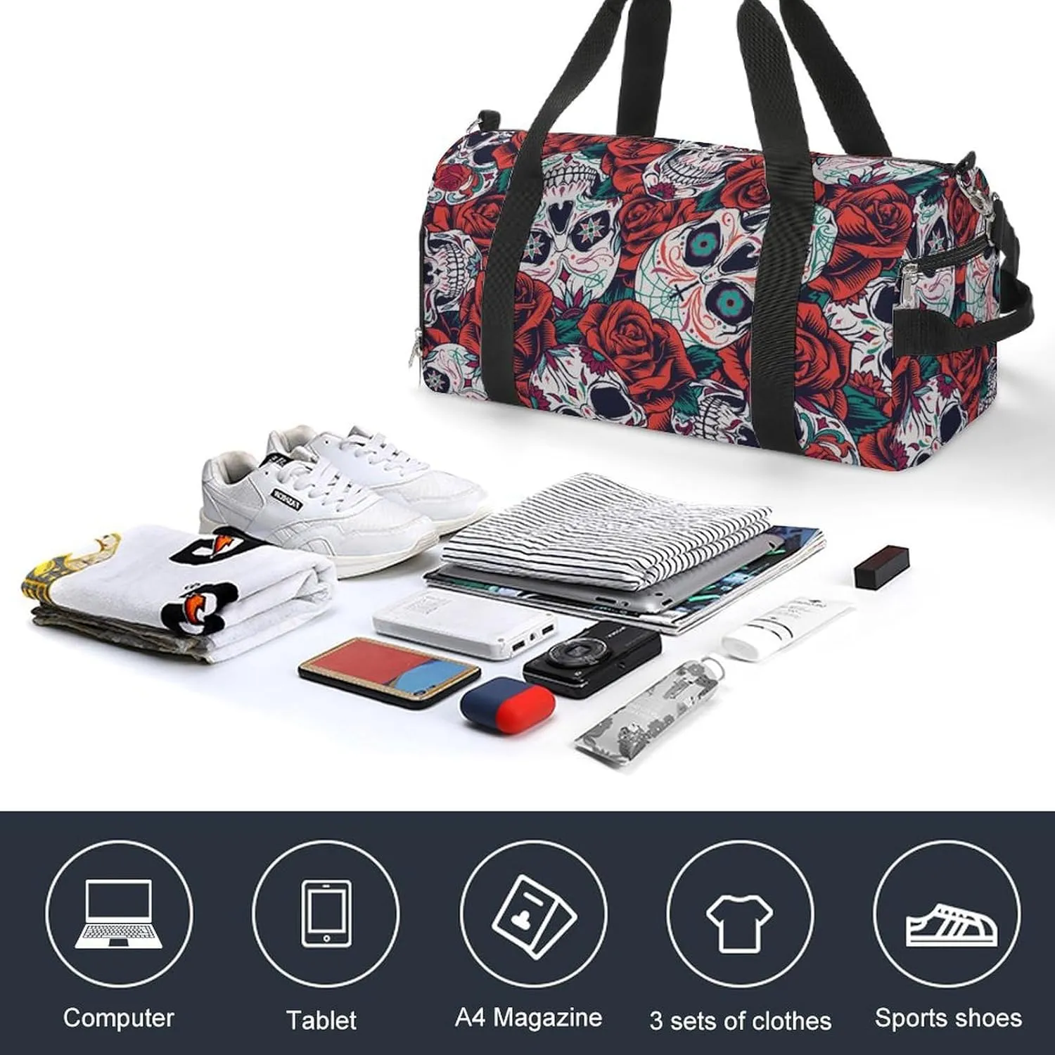 Sport Gym Duffel with Shoe Compartment Wet Pocket, Vintage-day-dead-pattern Shoulder Travel Bag for Women Men, style