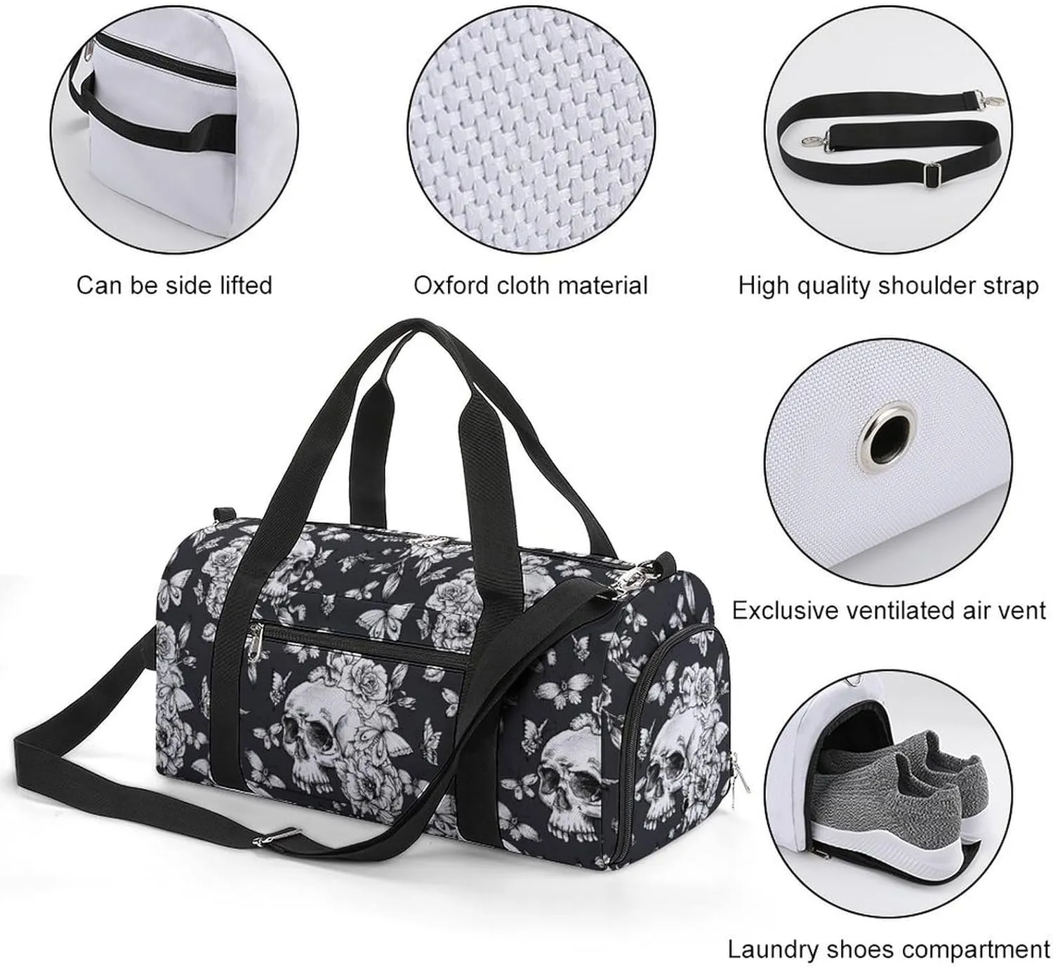 Sport Gym Duffel with Shoe Compartment Wet Pocket, Vintage-pattern-goth-skull Shoulder Travel Bag for Women Men, style