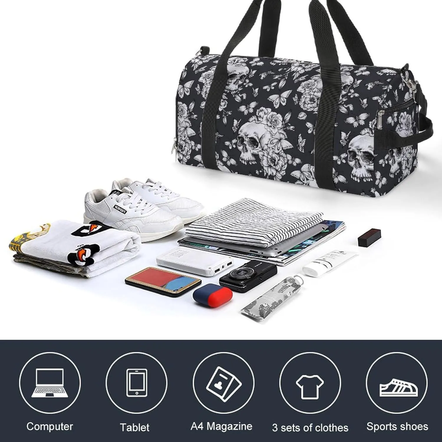 Sport Gym Duffel with Shoe Compartment Wet Pocket, Vintage-pattern-goth-skull Shoulder Travel Bag for Women Men, style