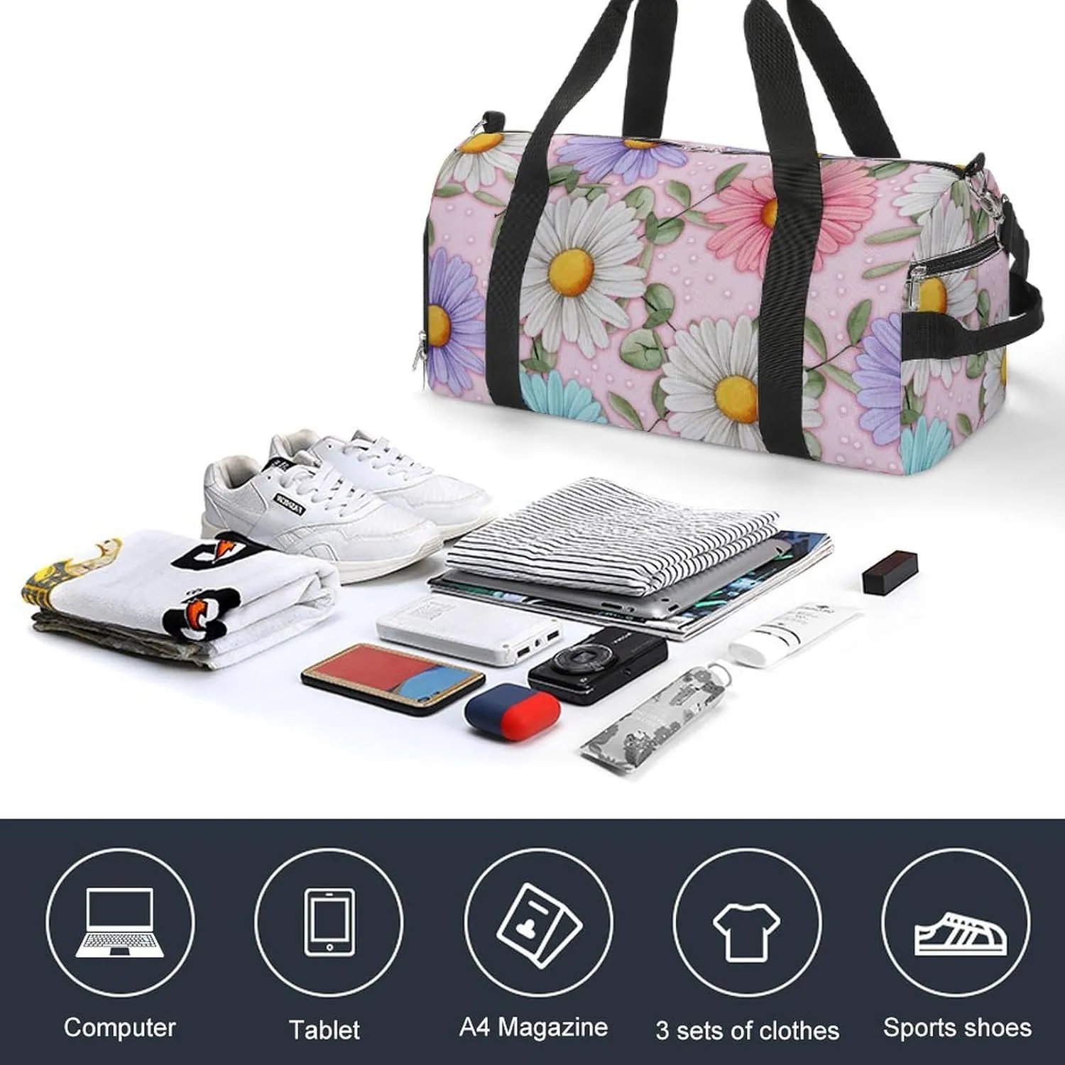 Sport Gym Duffel with Shoe Compartment Wet Pocket, Watercolor-daisy-pattern Shoulder Travel Bag for Women Men