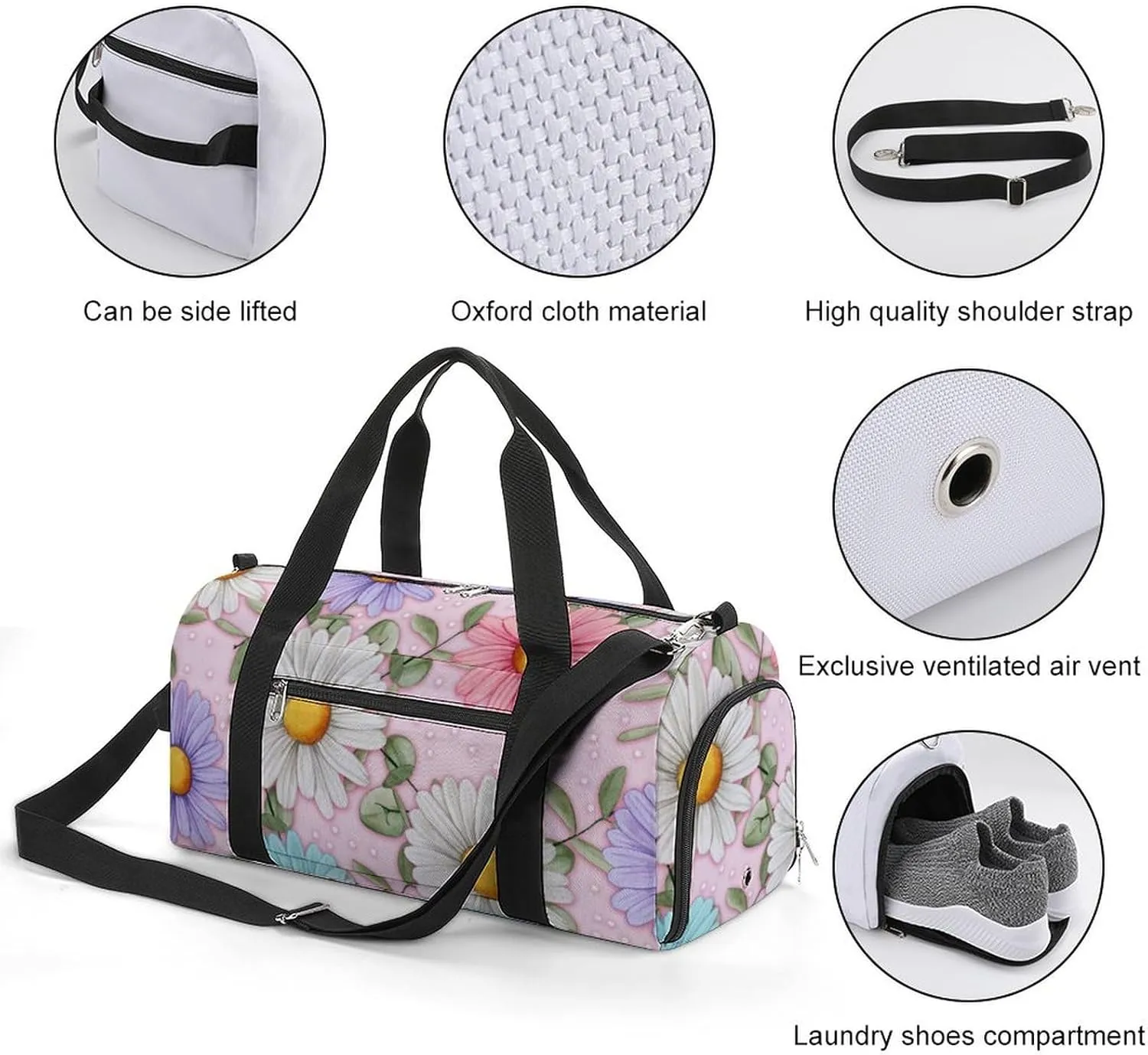 Sport Gym Duffel with Shoe Compartment Wet Pocket, Watercolor-daisy-pattern Shoulder Travel Bag for Women Men