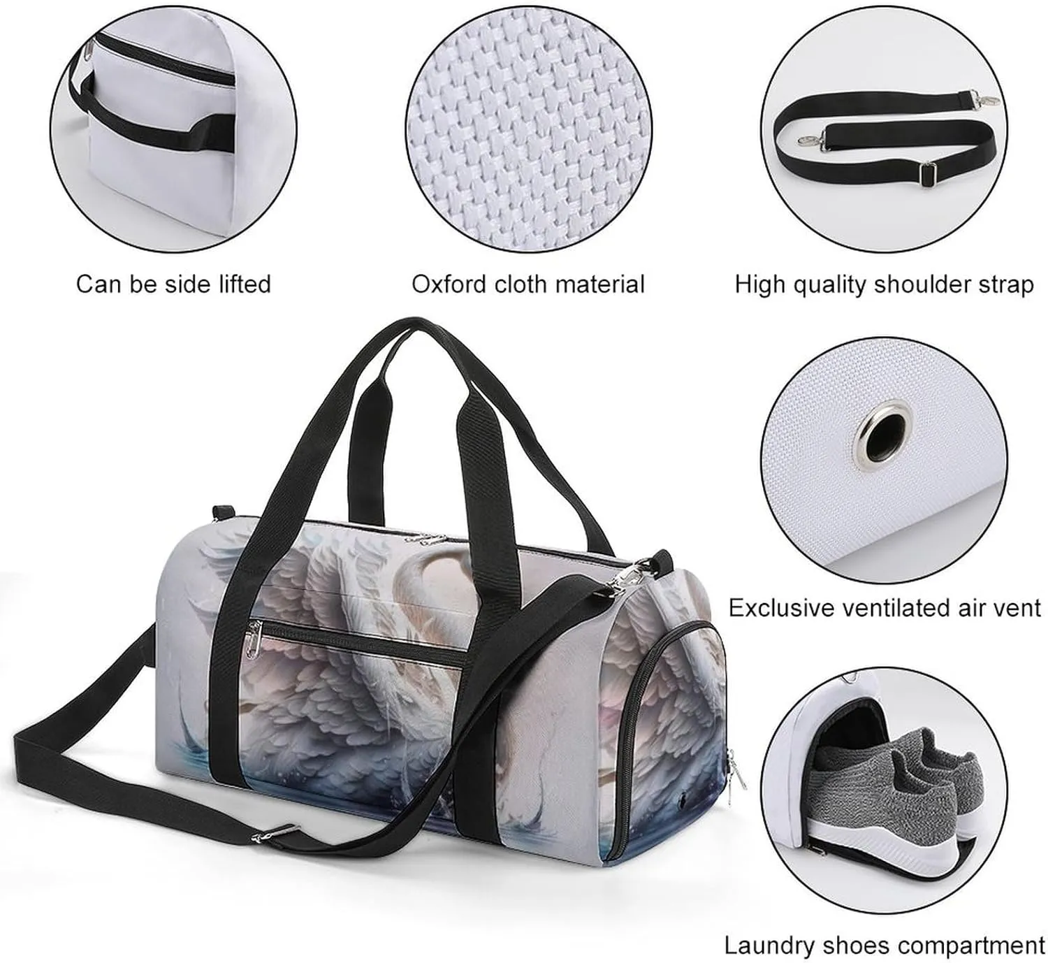 Sport Gym Duffel with Shoe Compartment Wet Pocket, Watercolor Swan Cartoon Style Shoulder Travel Bag for Women Men