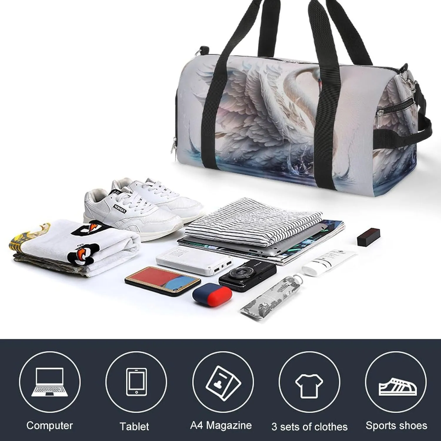 Sport Gym Duffel with Shoe Compartment Wet Pocket, Watercolor Swan Cartoon Style Shoulder Travel Bag for Women Men