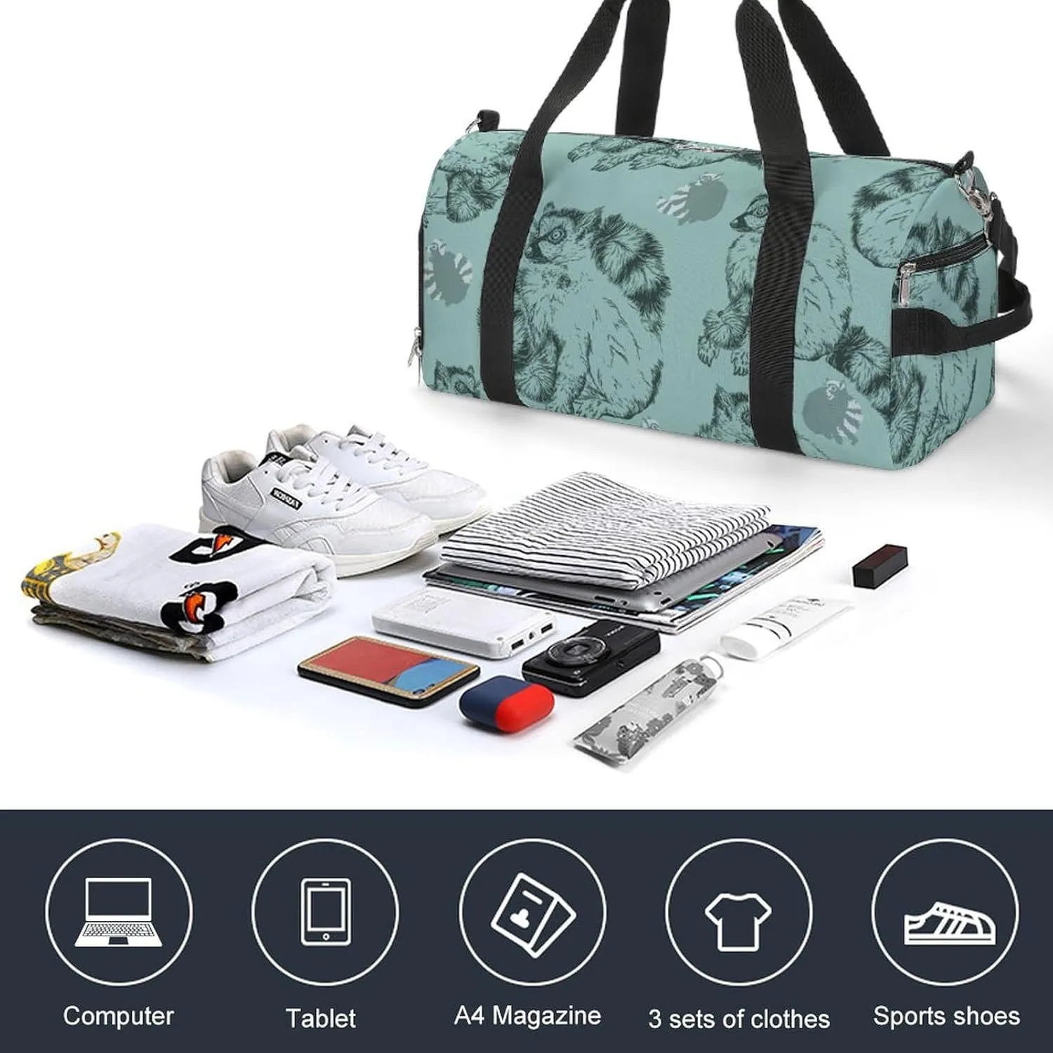 Sport Gym Duffel with Shoe Compartment Wet Pocket, Wild-ringtailed-lemur-print Shoulder Travel Bag for Women Men, style-4