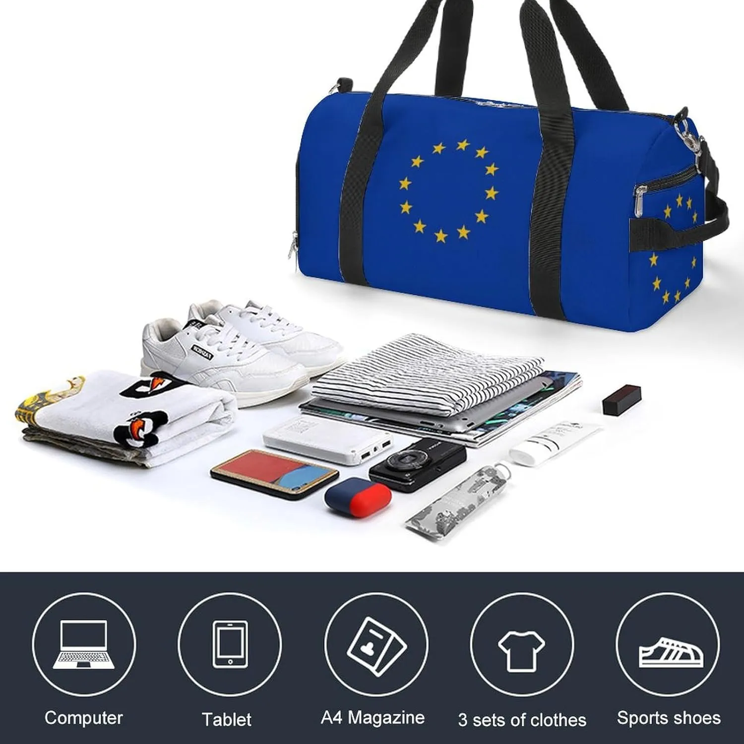 Sports Duffel Bag with European Union Flag for Men Women Shoe Compartment Weekender