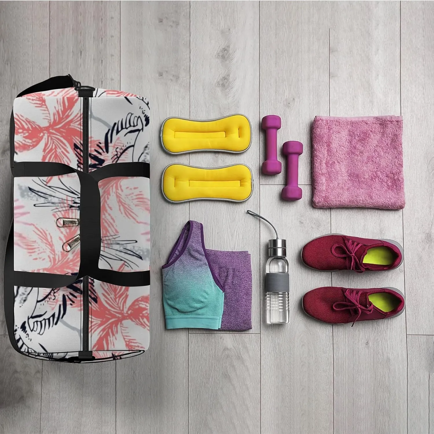 Sports Gym Bag for Women and Men Waterproof Abstract Tropical Pattern Bright Hand Drawn Style Duffel Bag Lightweight Carryon Traveling Boarding Gripsack
