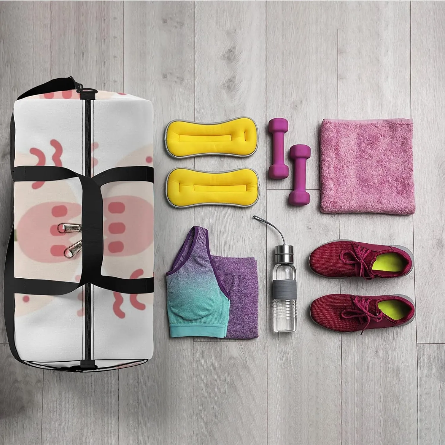 Sports Gym Bag for Women and Men Waterproof Childlike Floral Cute Design Trendy Hand Drawn Style Duffel Bag Lightweight Carryon Traveling Boarding Gripsack