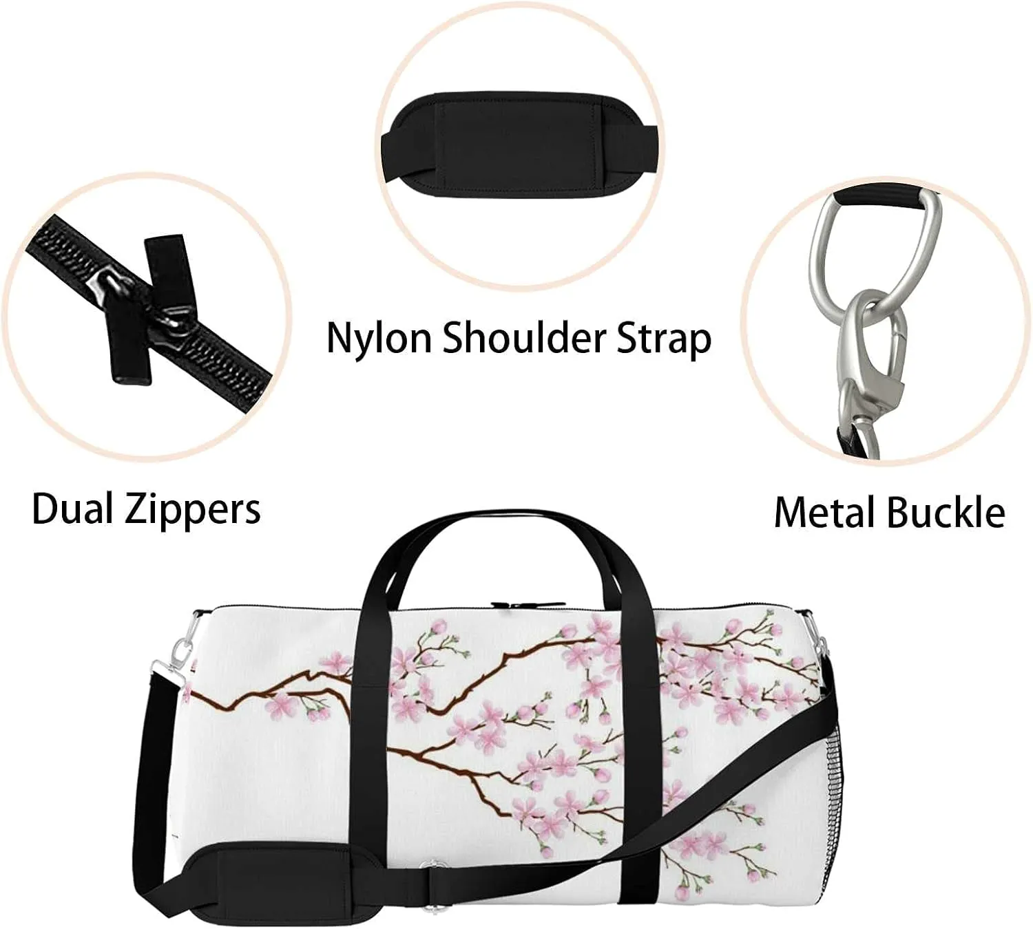 Sports Gym Bag for Women and Men Waterproof Horizontal Branch Cherry Blossoms Duffel Bag Lightweight Carryon Traveling Boarding Gripsack