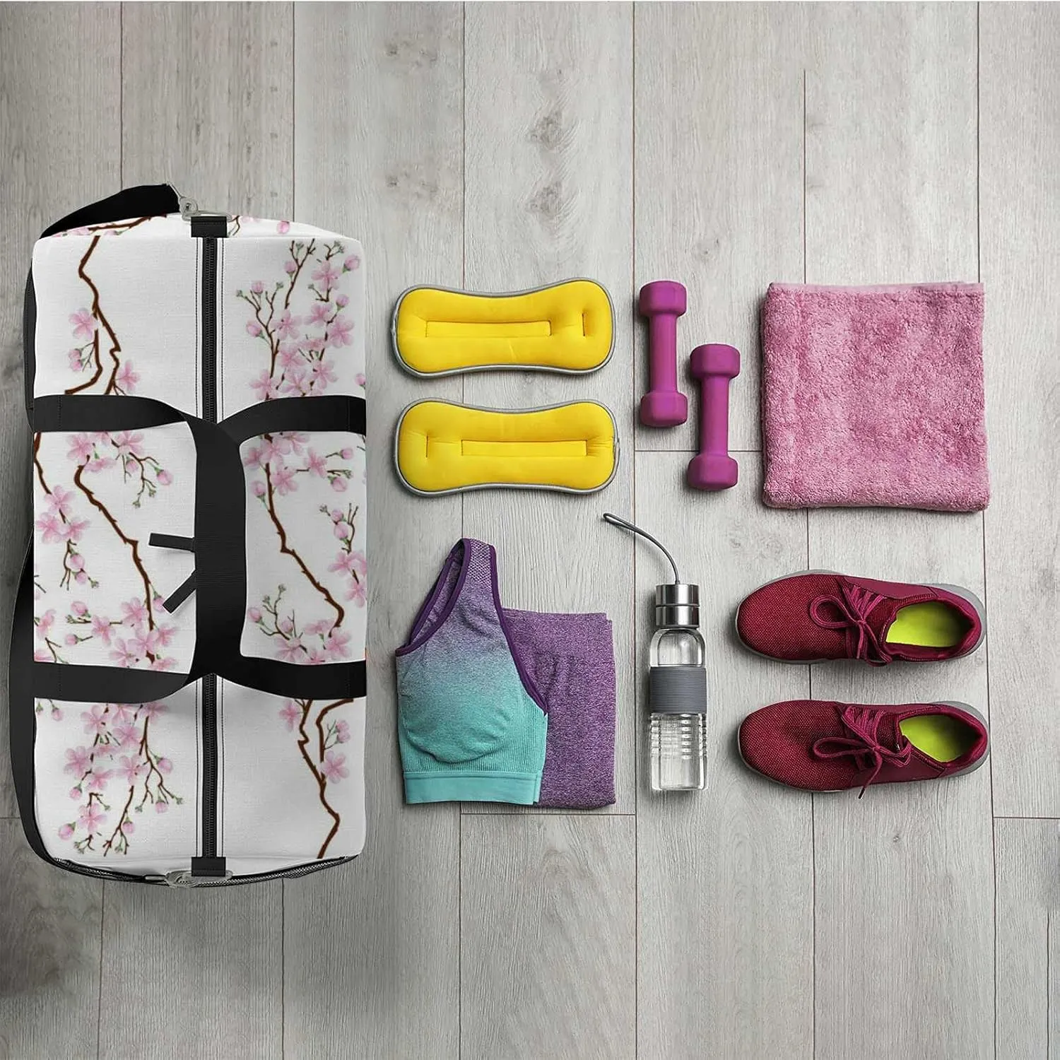 Sports Gym Bag for Women and Men Waterproof Horizontal Branch Cherry Blossoms Duffel Bag Lightweight Carryon Traveling Boarding Gripsack