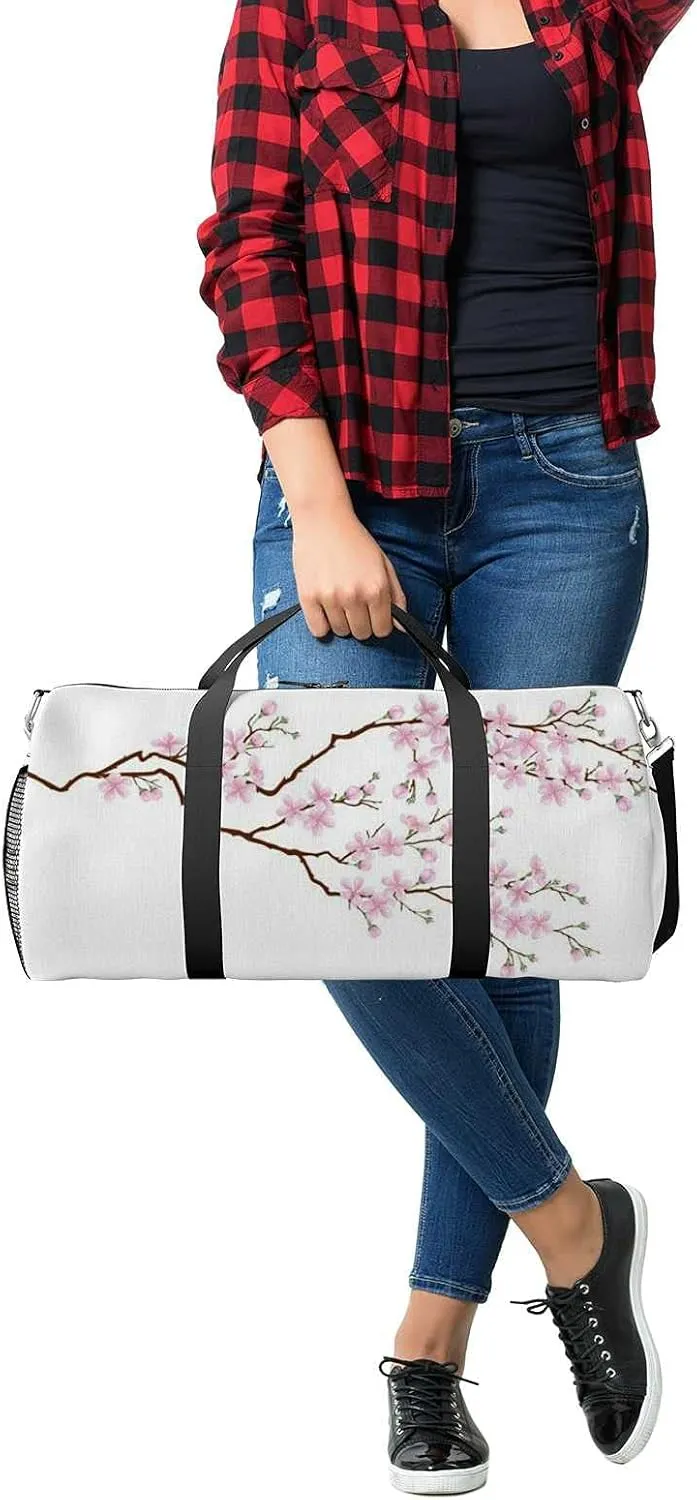 Sports Gym Bag for Women and Men Waterproof Horizontal Branch Cherry Blossoms Duffel Bag Lightweight Carryon Traveling Boarding Gripsack