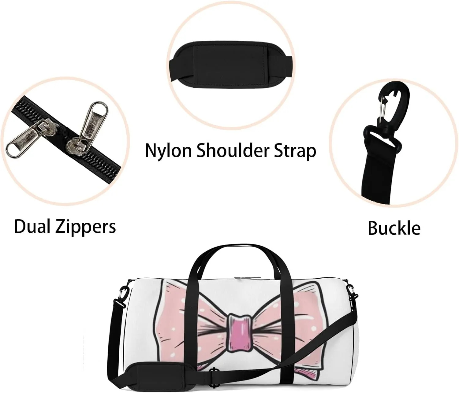 Sports Gym Bag for Women and Men Waterproof Pink Bow Doodle Sketch Vintage Style Duffel Bag Lightweight Carryon Traveling Boarding Gripsack