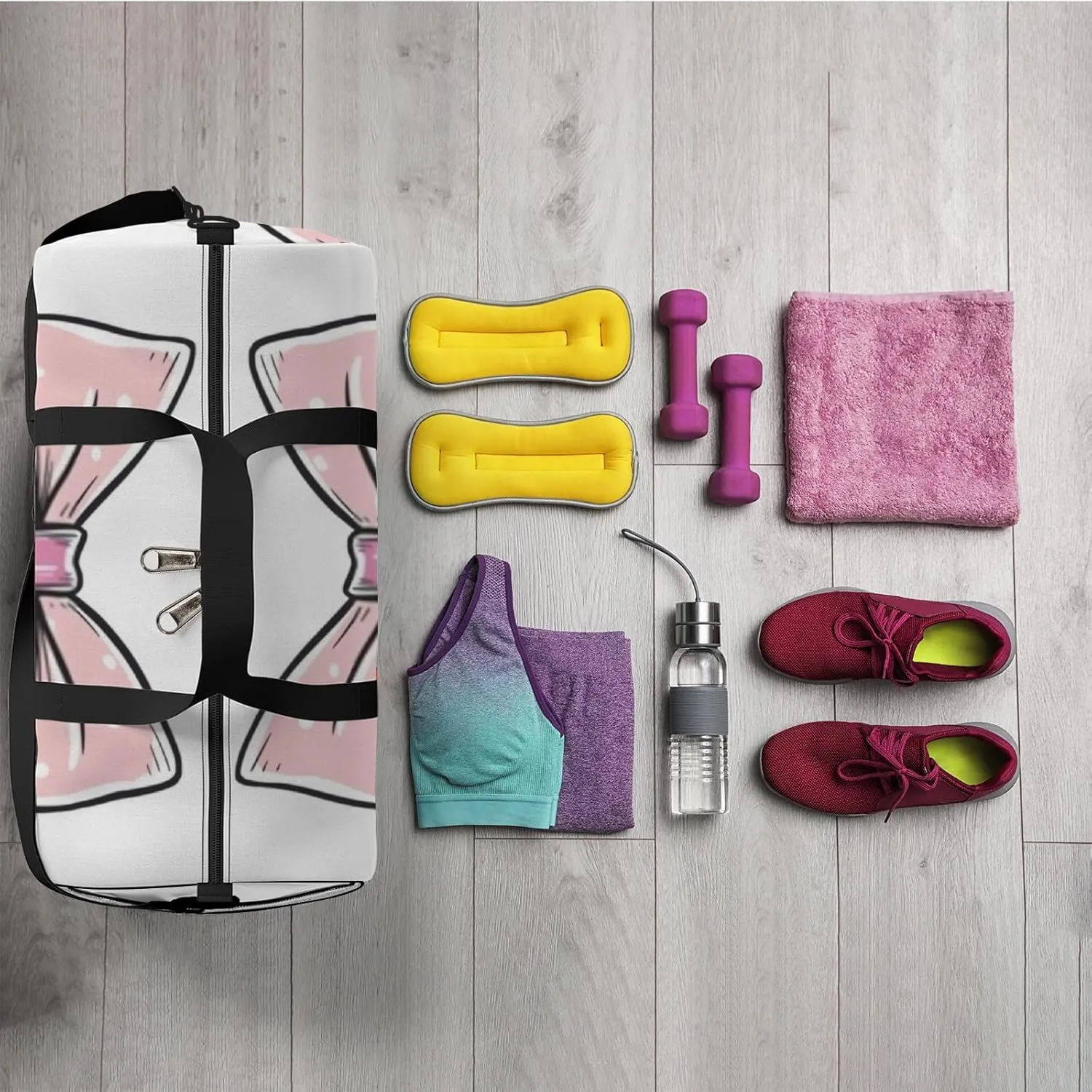 Sports Gym Bag for Women and Men Waterproof Pink Bow Doodle Sketch Vintage Style Duffel Bag Lightweight Carryon Traveling Boarding Gripsack