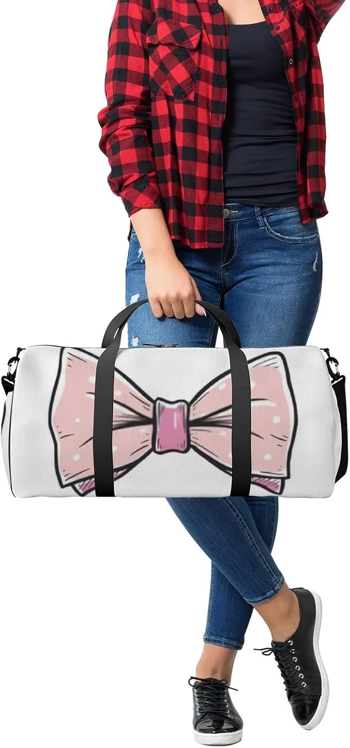 Sports Gym Bag for Women and Men Waterproof Pink Bow Doodle Sketch Vintage Style Duffel Bag Lightweight Carryon Traveling Boarding Gripsack