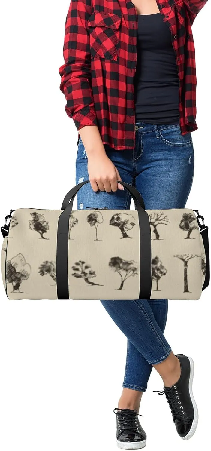 Sports Gym Bag for Women and Men Waterproof Trees Sketch Set Vintage Style Duffel Bag Lightweight Carryon Traveling Boarding Gripsack