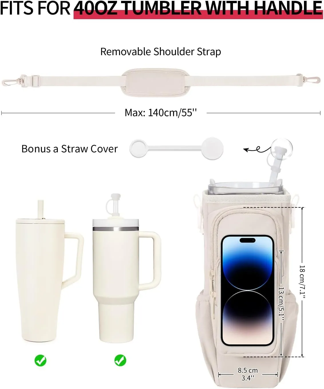 sportsnew Birthday Gifts for Women Personalized Initial Water Bottle Holder with Strap fits Most 40oz Tumbler with Handle Water Bottle Carrier Bag with Phone Pocket & Straw Topper Tumbler Accessories