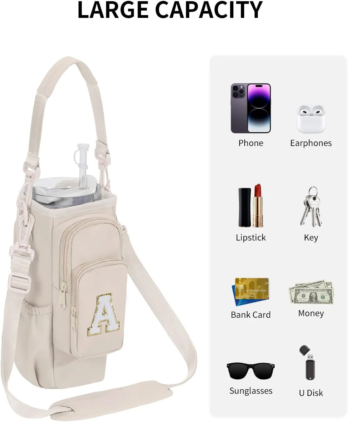 sportsnew Birthday Gifts for Women Personalized Initial Water Bottle Holder with Strap fits Most 40oz Tumbler with Handle Water Bottle Carrier Bag with Phone Pocket & Straw Topper Tumbler Accessories