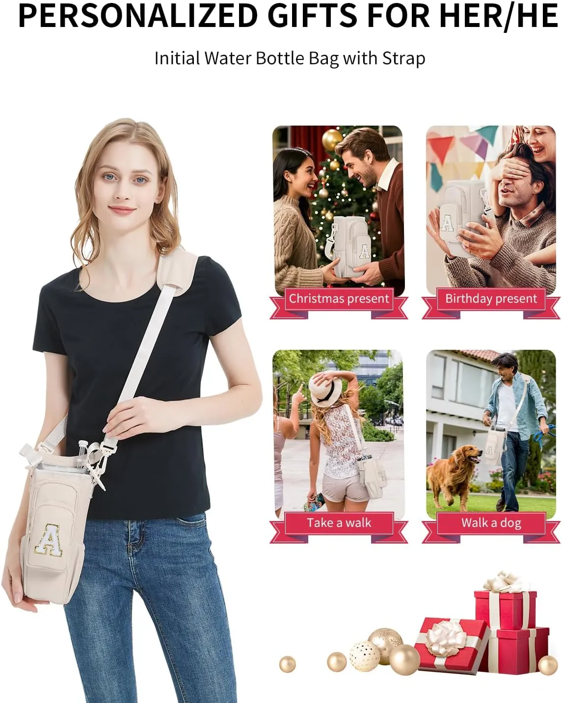 sportsnew Birthday Gifts for Women Personalized Initial Water Bottle Holder with Strap fits Most 40oz Tumbler with Handle Water Bottle Carrier Bag with Phone Pocket & Straw Topper Tumbler Accessories