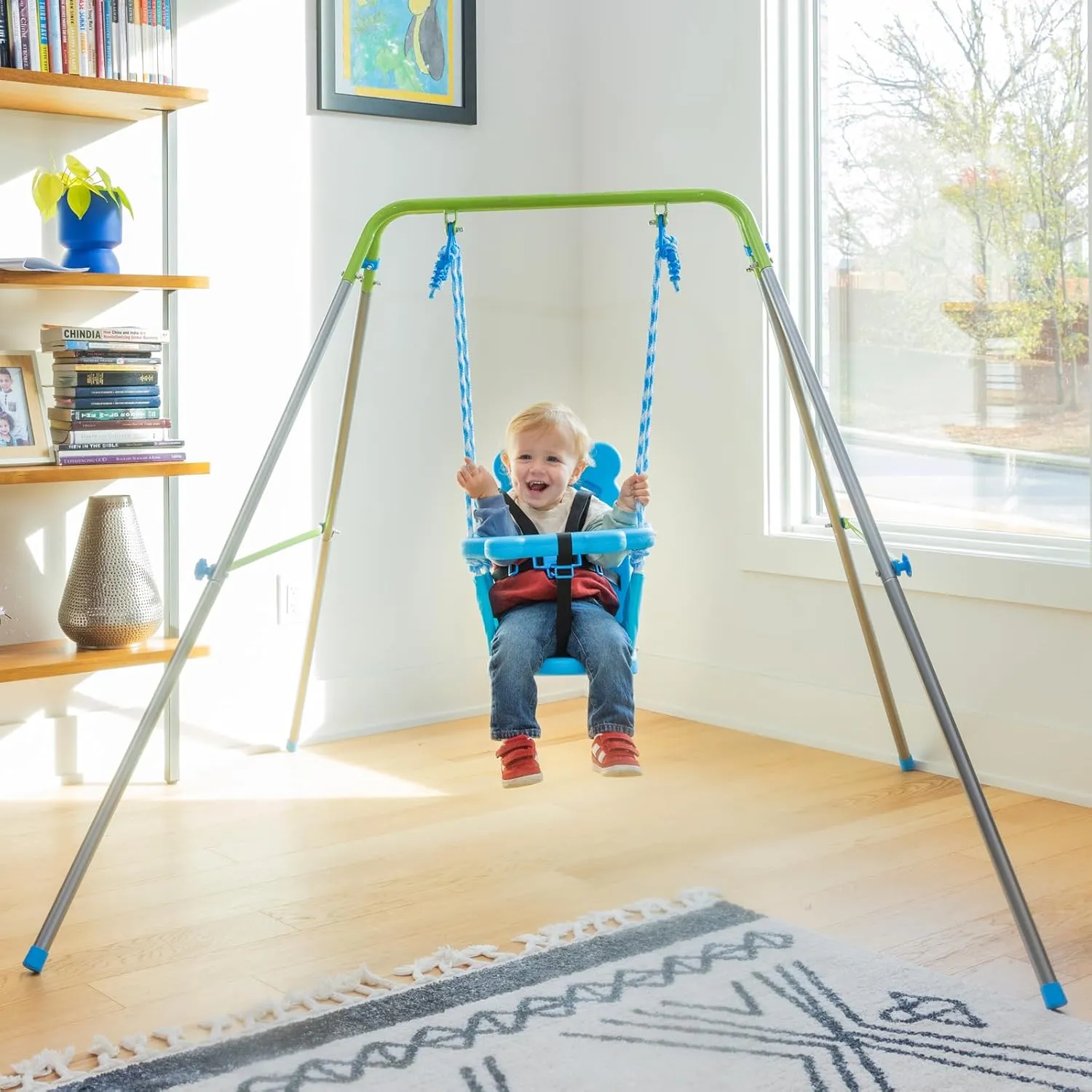 Sportspower My 1st Toddler Swing - Heavy-Duty Baby Indoor/Outdoor Swing Set with Safety Harness, Blue, 52"L x 55"W x 47"H
