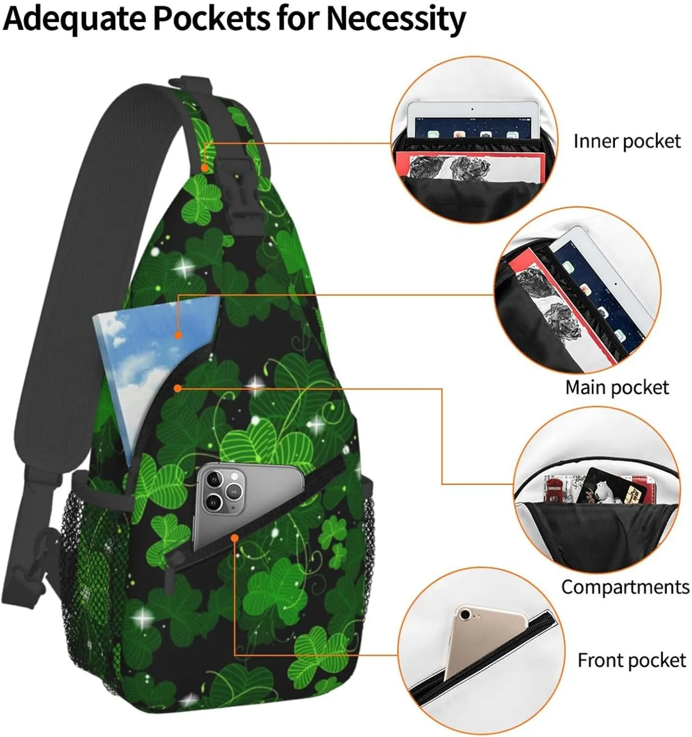 St Patrick's Day Bags Lucky Clover Shamrock Sling Bag Crossbody Backpack Shoulder Casual Daypack Bag for Men Women
