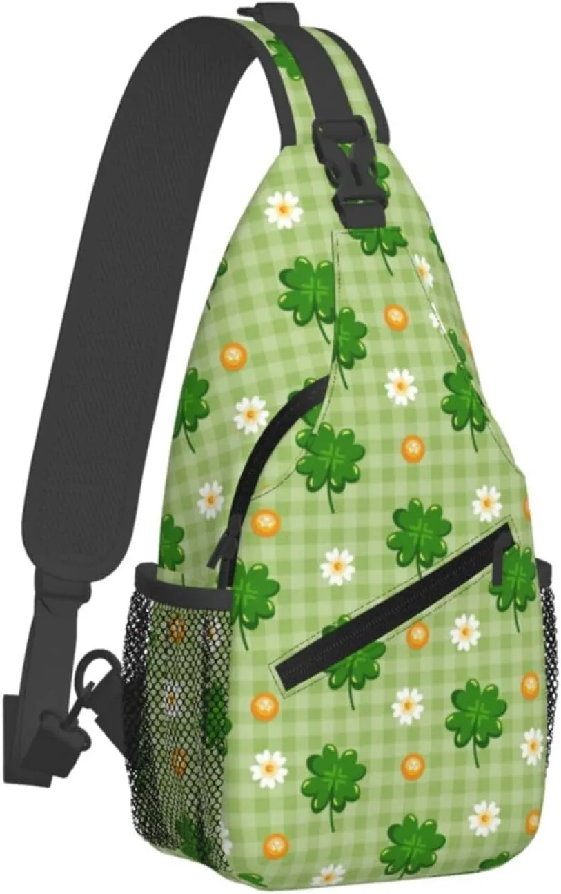 St Patricks Day Shamrock Sling Bag For Women Men Adjustable Crossbody Chest Bag Irish Clover Shoulder Bag Sling Backpack Green Daypack For Sport Travel Hiking