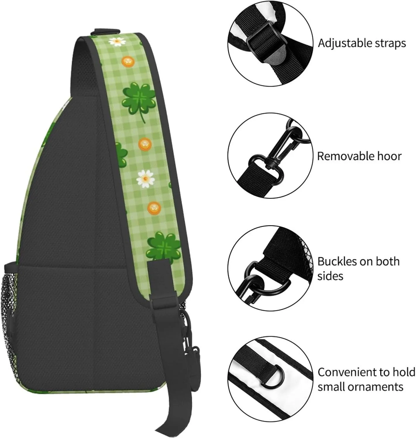 St Patricks Day Shamrock Sling Bag For Women Men Adjustable Crossbody Chest Bag Irish Clover Shoulder Bag Sling Backpack Green Daypack For Sport Travel Hiking